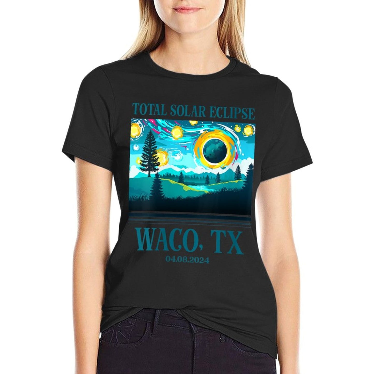 Womens 2024 Total Solar Eclipse Waco TX Texas Totality Landscape Polyester Blend T-Shirt