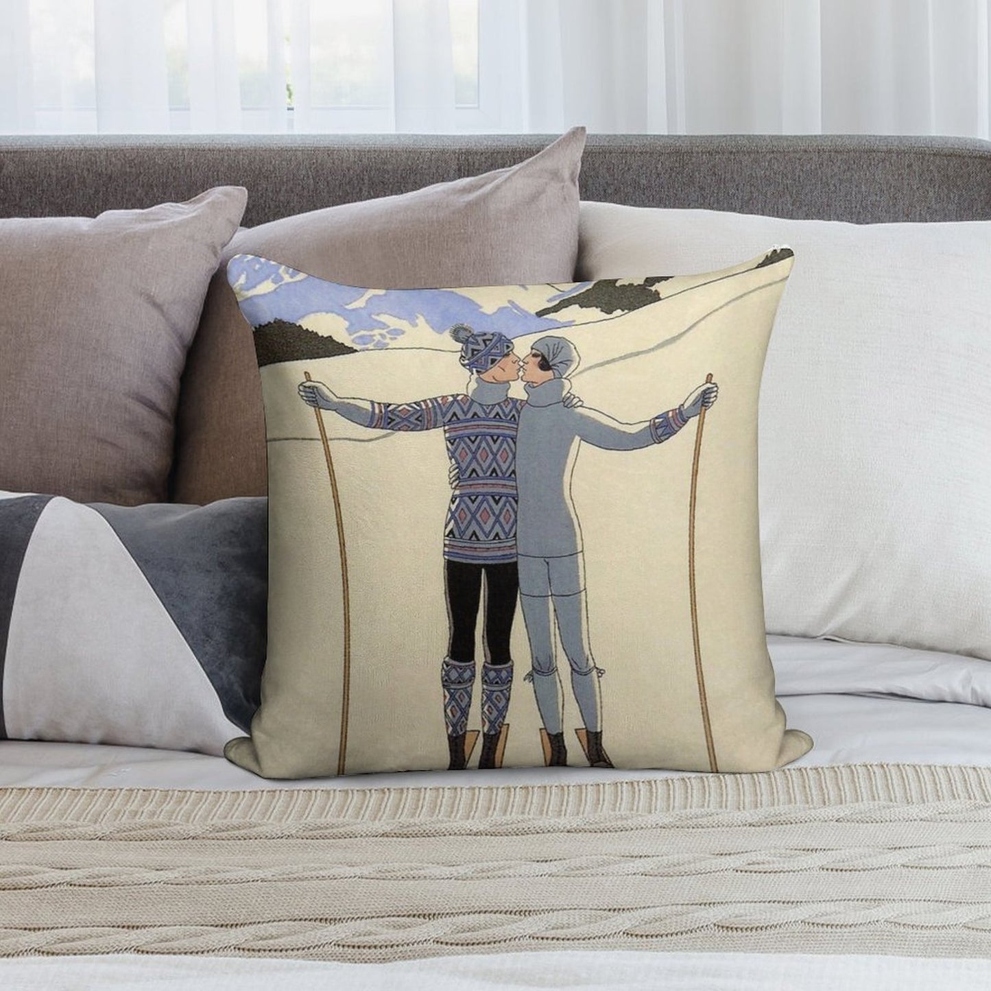 Skiing Kissing Couple Vintage French Sport Fashion Illustration Soft Anti-Pilling Throw Pillow