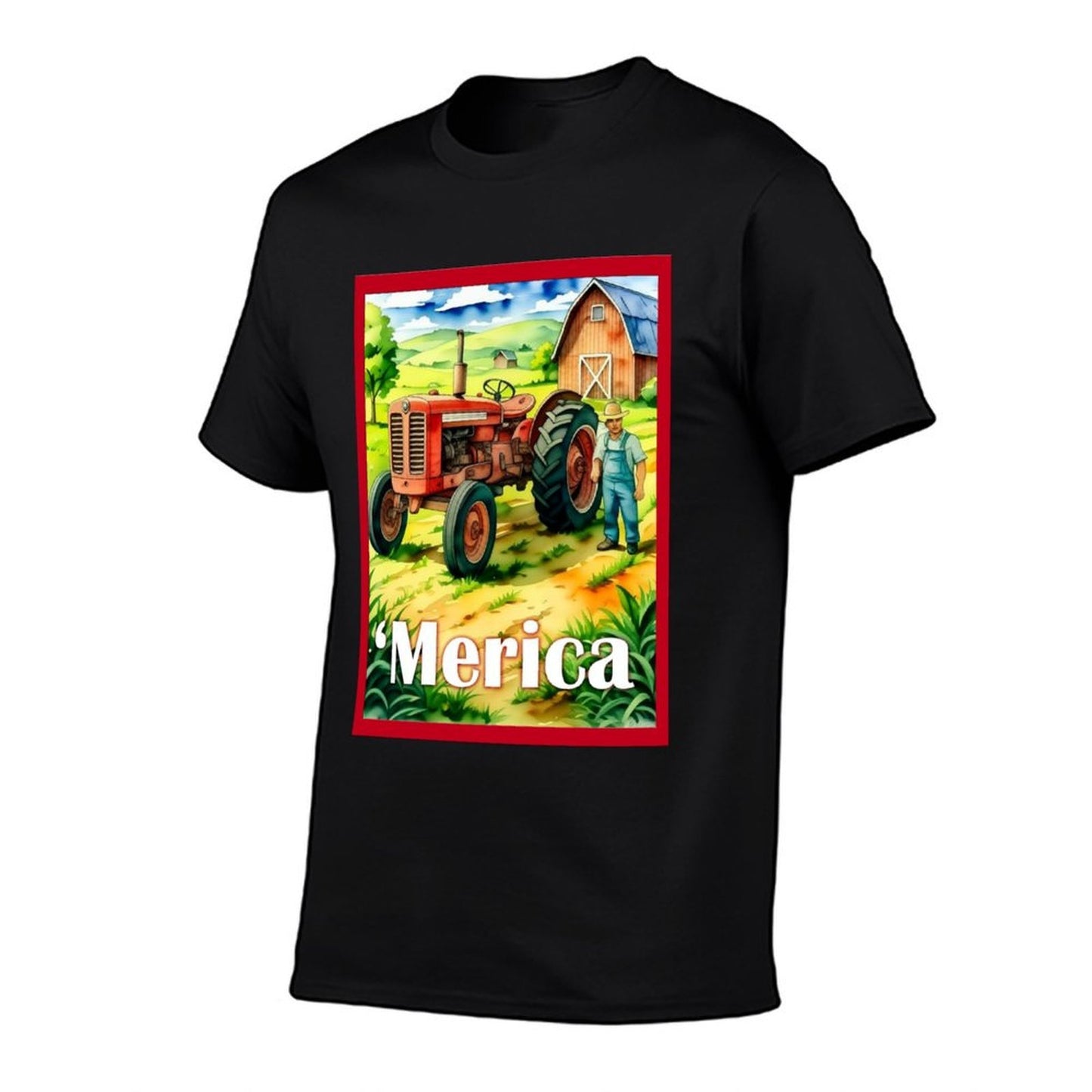 Watercolor Style Americana Farm Scene Graphic-printed T-Shirt