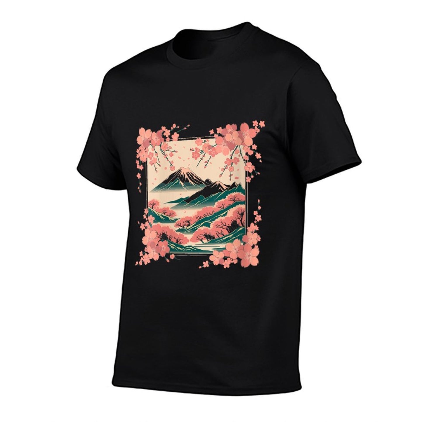 Womens Vintage Japanese Flower Cherry Blossom Mountain Landscape Durable T-Shirt