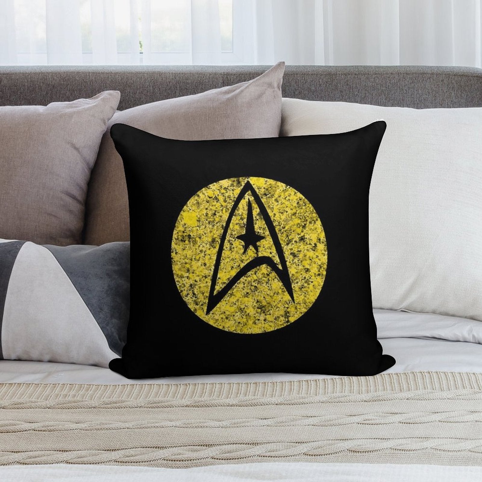 Star Trek TOS Command Gold Insignia Paint Splatter Soft Easy Maintenance Throw Pillow