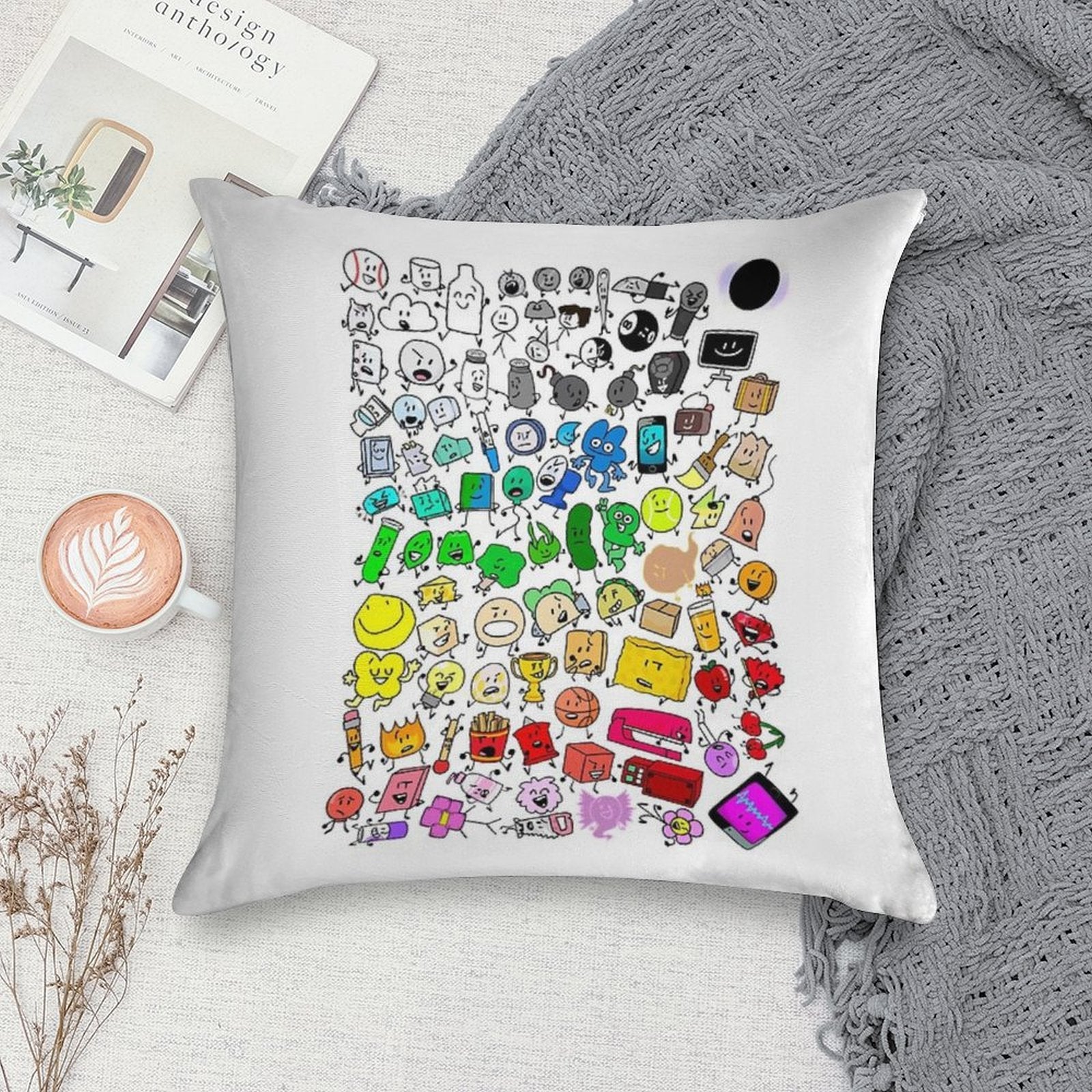BFDI Inanimate Insanity All Characters (Transparent) Soft Decorative Cover Throw Pillow