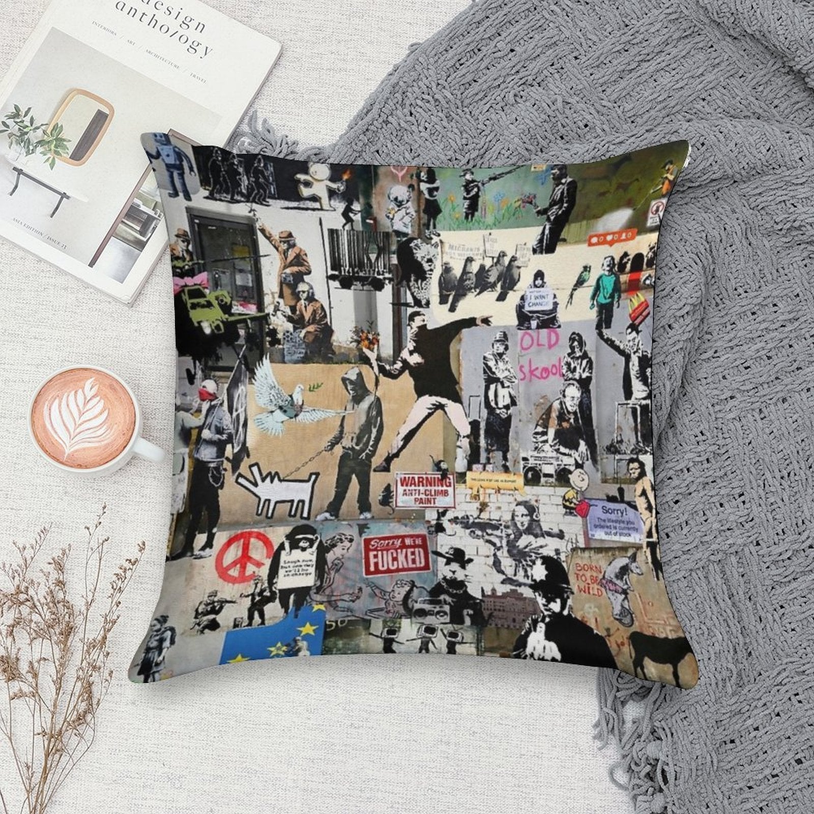 Banksy Collage Soft Washable Throw Pillow