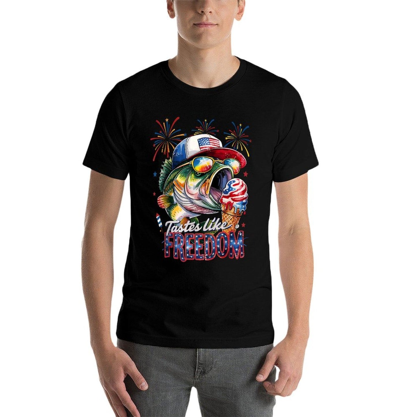 Tastes Like Freedom Bass Fishing Funny 4th of July Men Kids Easy-care T-Shirt