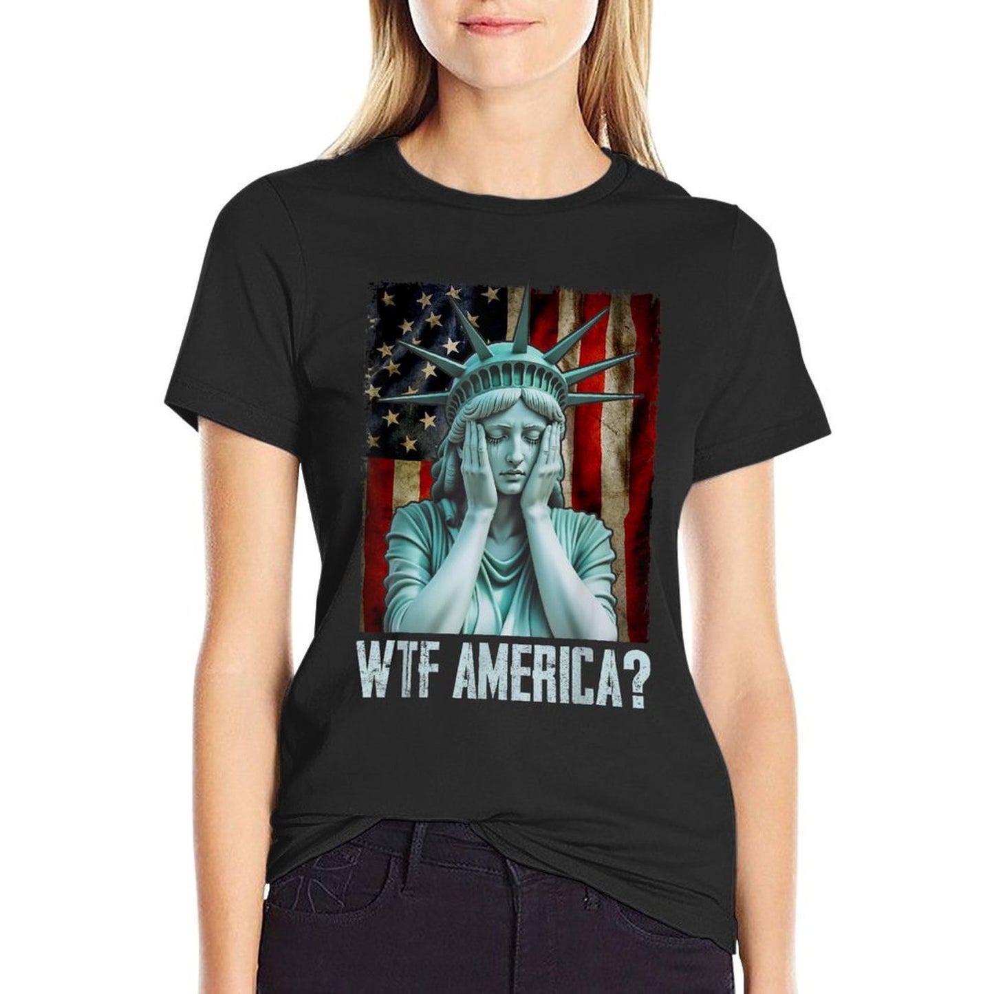 WTF America Weeping Statue of Liberty Distressed Heathered Texture T-Shirt