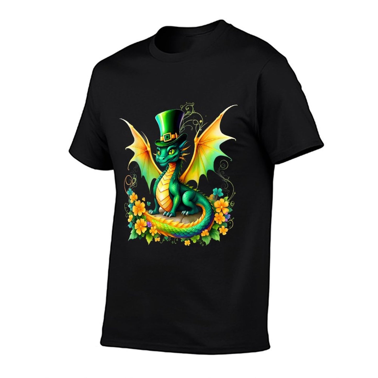 St. Patricks Day Dragon Shamrock Hat Fantasy Art Ribbed Collar T-Shirt