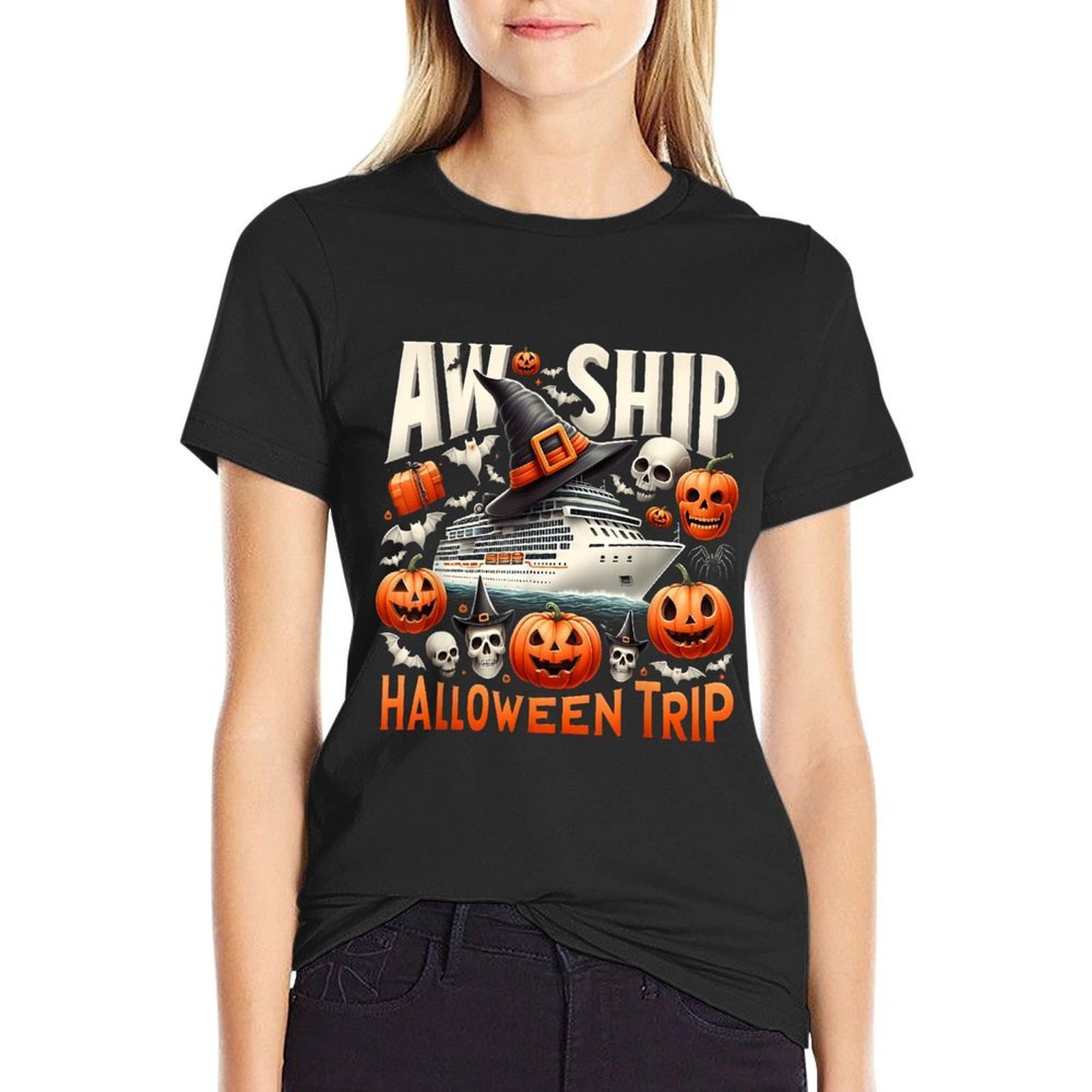 Aw Ship Halloween Trip Happy Halloween Spooky Pumpkin Cruise  Oversized Silhouette T-Shirt