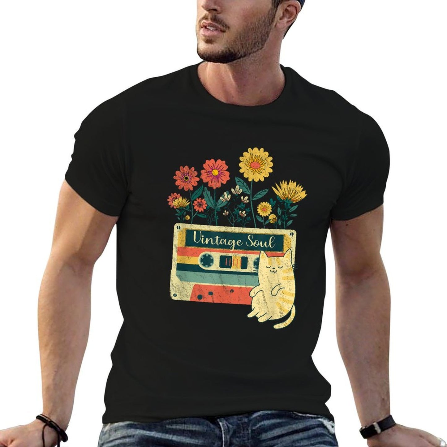 Vintage Cat for Women - Retro Soul Flowers Wildflower  Classic T-Shirt