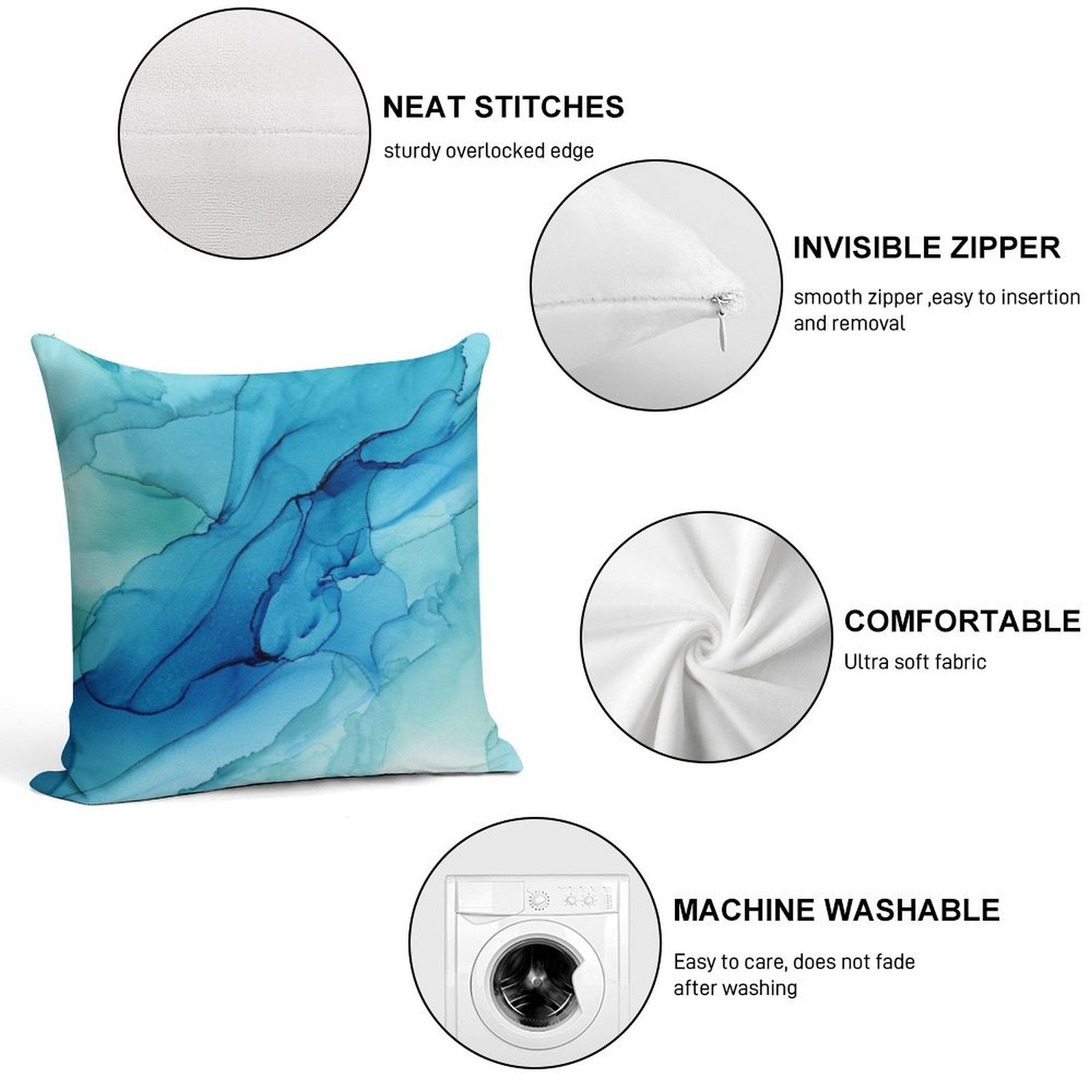 Blue Emerald Water Ombre Abstract Ink Soft Home Decor Throw Pillow