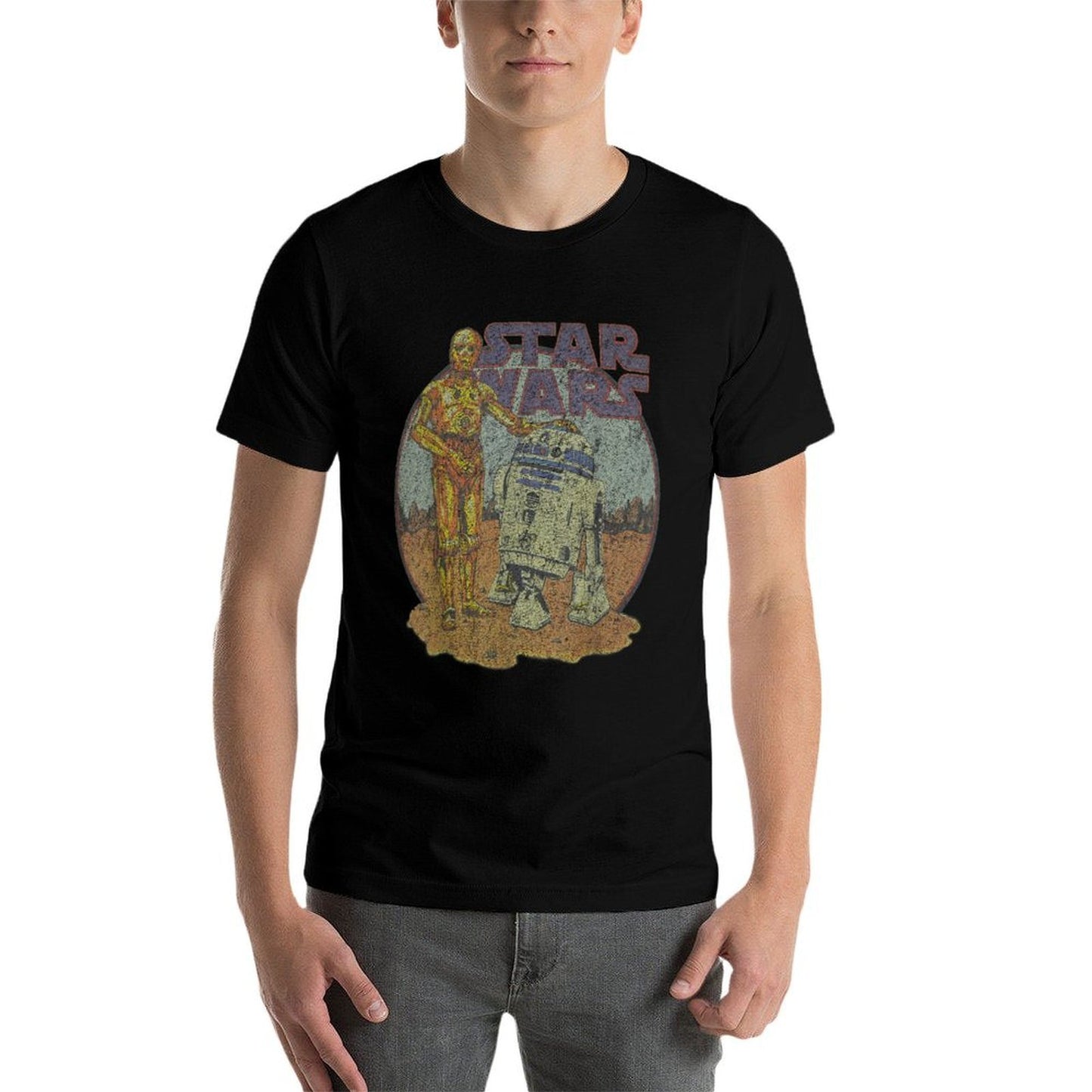 Star Wars R2-D2 C-3PO Distressed Portrait Ribbed Collar T-Shirt