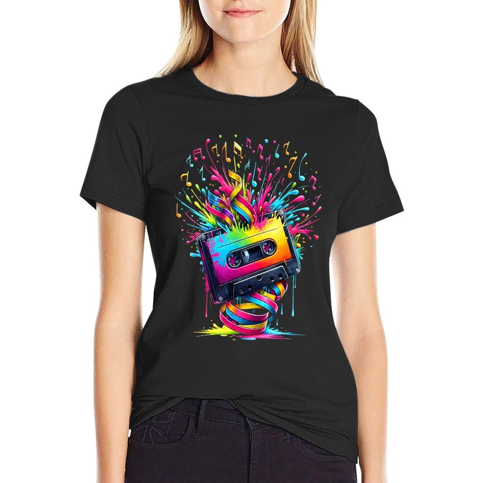 80s 90s Music Notes Cassette Tape Music  Fade-proof Color T-Shirt