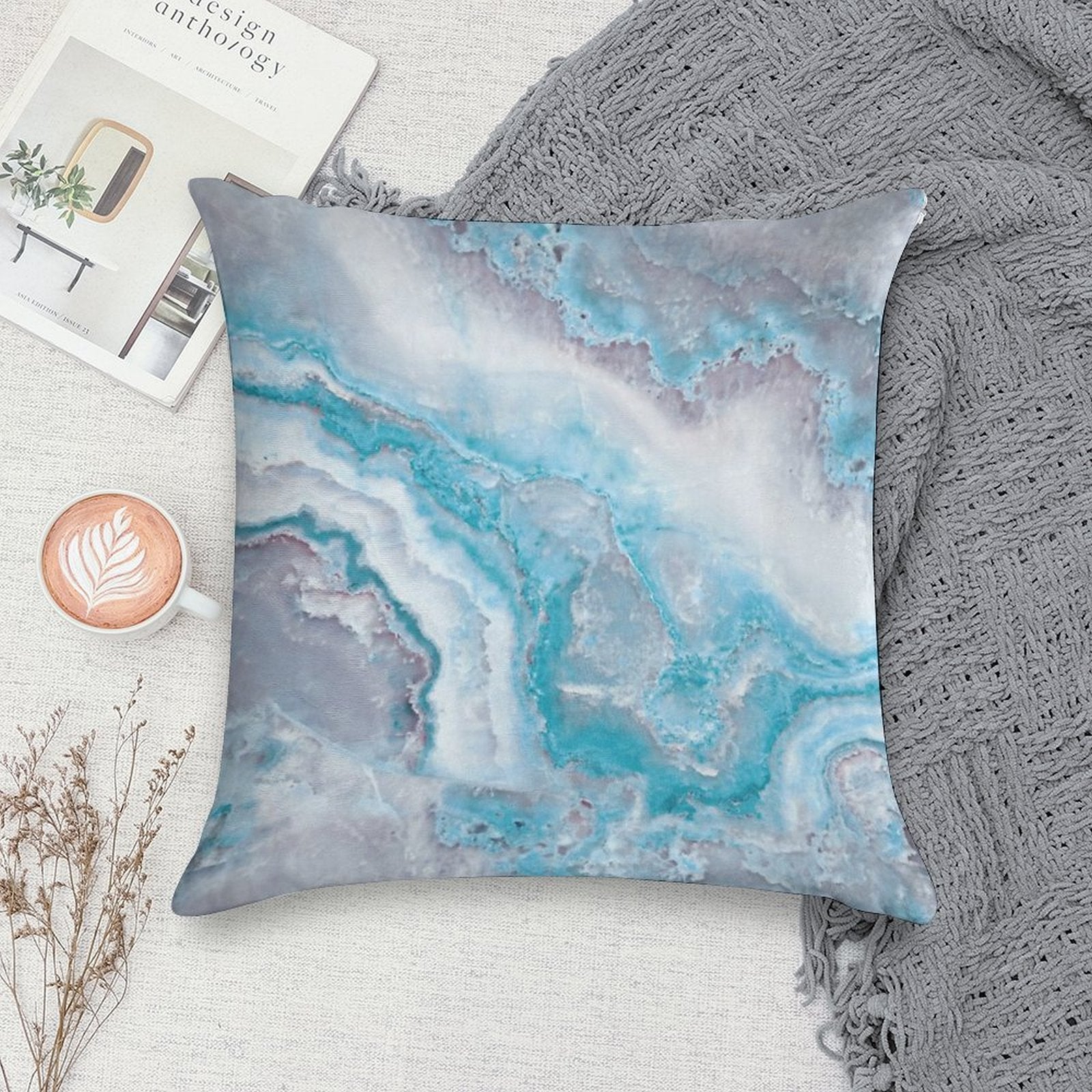 Luxury Mermaid Blue Faux Agate Marble Geode Gem Soft Easy Maintenance Throw Pillow