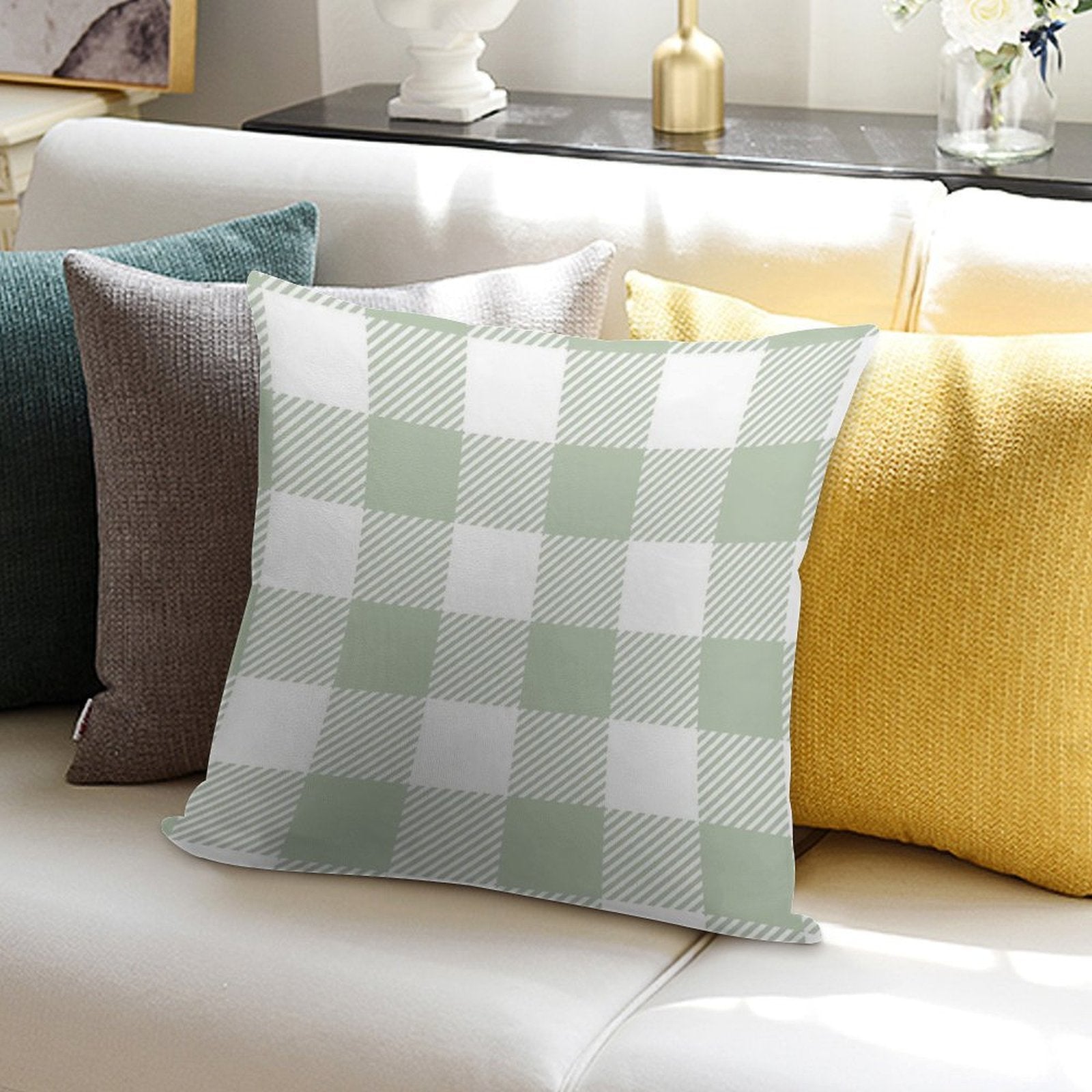 Sage Green White Large Buffalo Plaid Gingham Print All Over Soft Easy Maintenance Throw Pillow