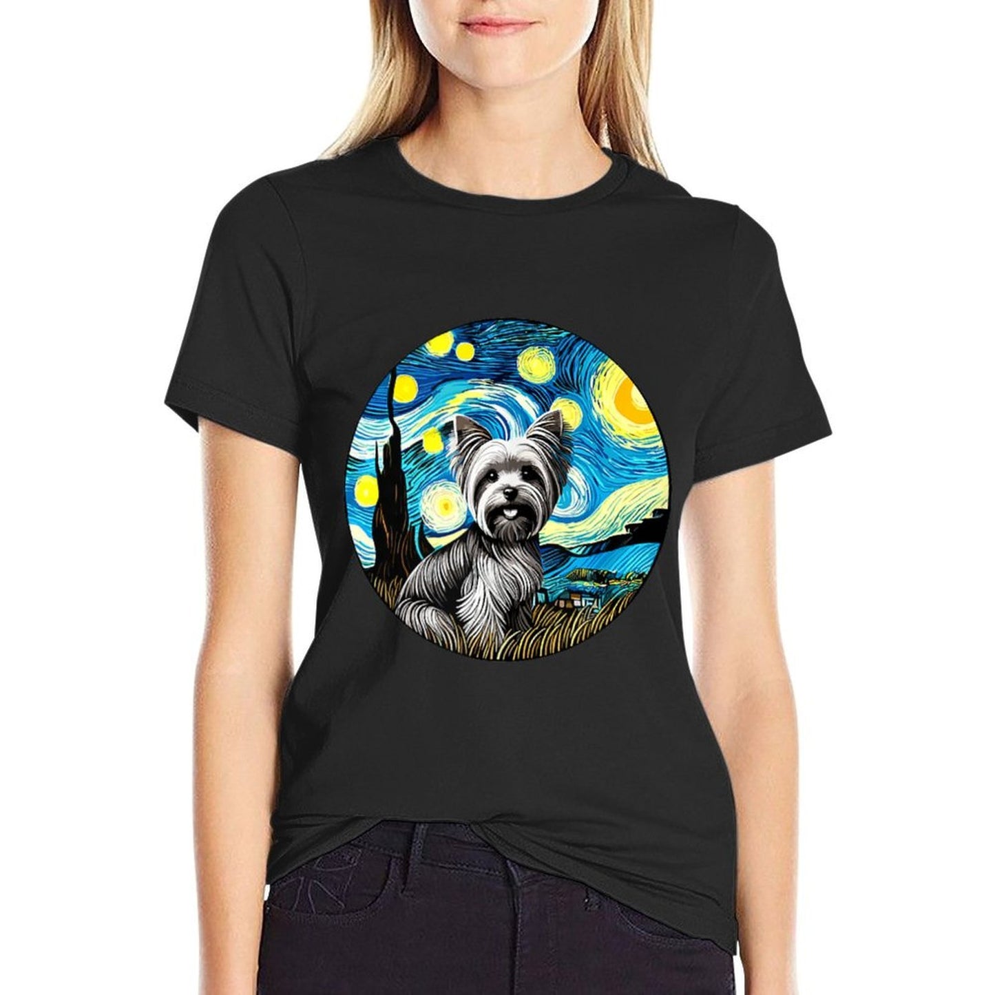 Yorkshire Terrier Yorkie Dog - Van Gogh Starry Night Style Stretchy T-Shirt