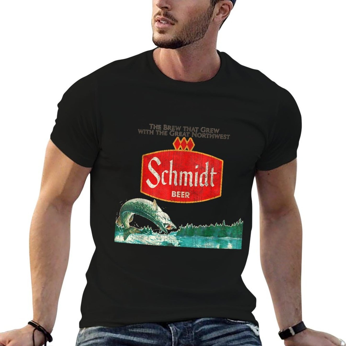 Vintage Schmidt Beer Retro Defunct Fishing Nature Scene High-quality Stitching T-Shirt