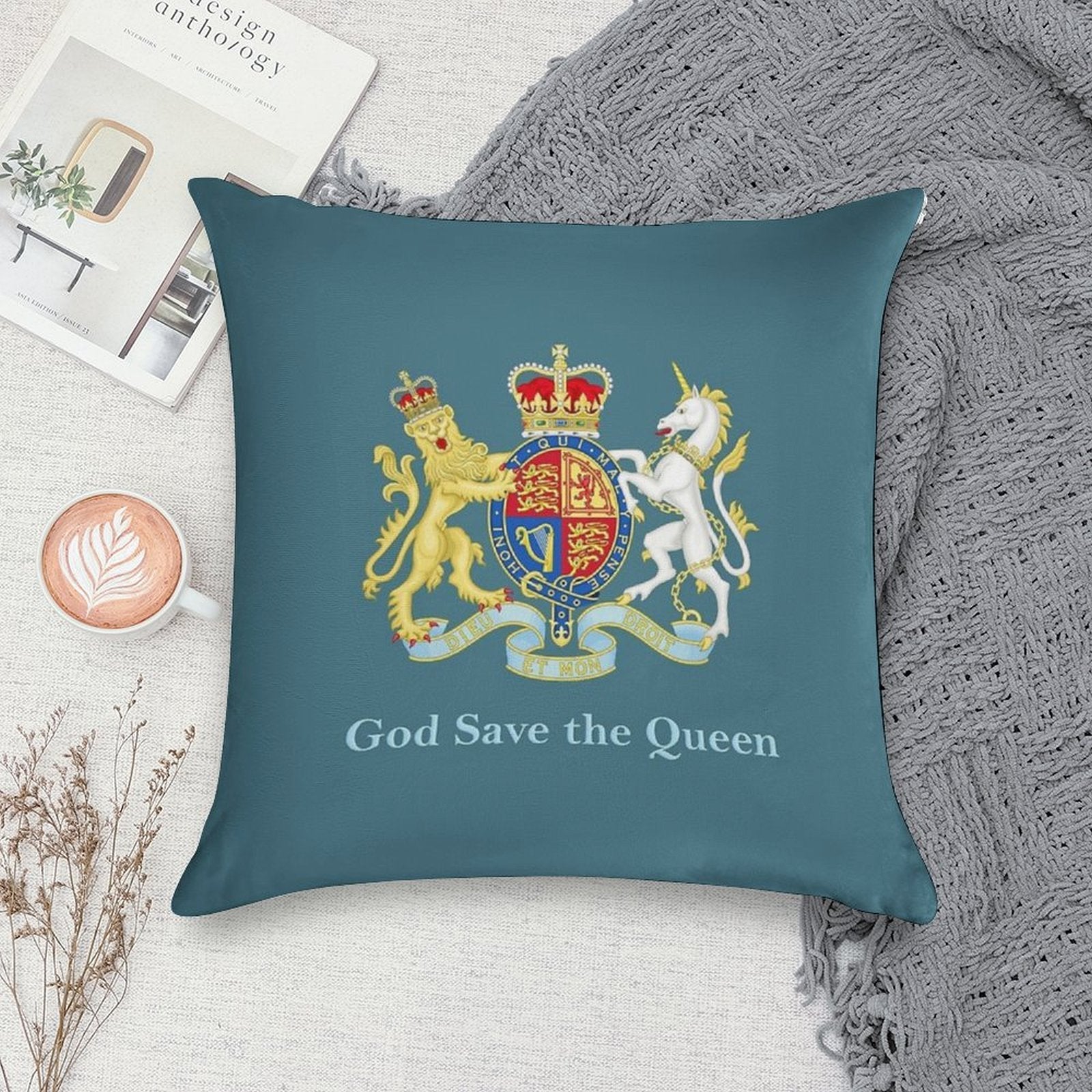 Royal Coat of Arms, Queen Elizabeth, British Monarchy Soft Gift Ready Throw Pillow
