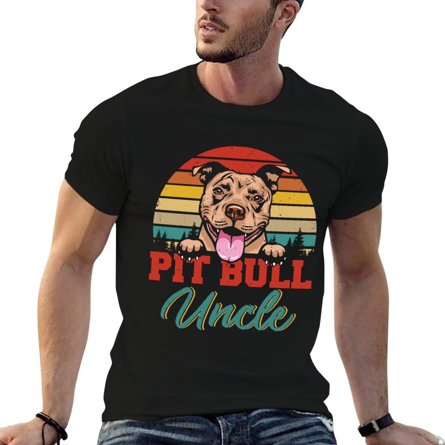 Vintage Retro Pit Bull Uncle Cool Fathers Day Dog Lover Cotton T-Shirt