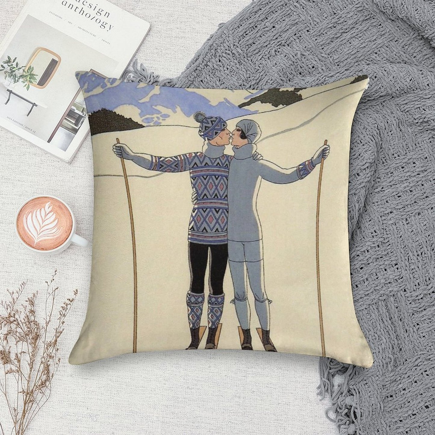 Skiing Kissing Couple Vintage French Sport Fashion Illustration Soft Anti-Pilling Throw Pillow