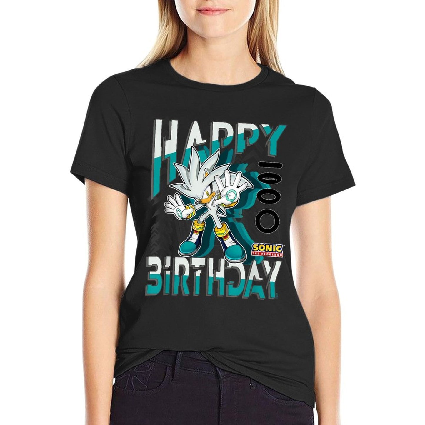 Sonic The Hedgehog Happy Birthday Silver Grid Chest Poster Fade-proof Color T-Shirt