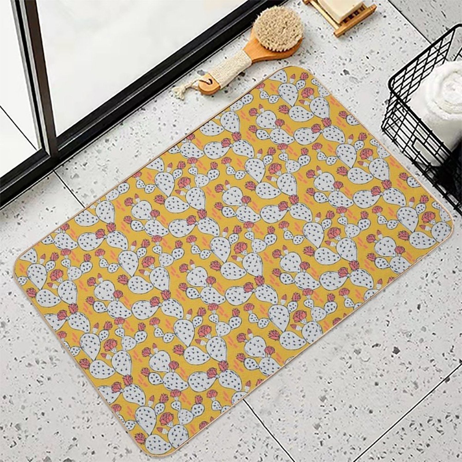 Coral Flowering Cactus on Mustard Yellow  Multi-Purpose Bath Mat