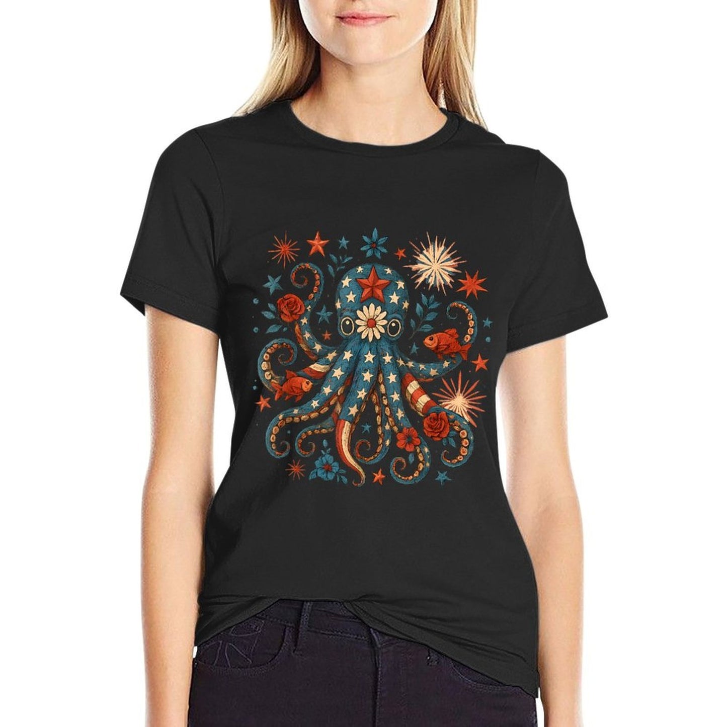Vintage Floral Octopus Patriotic 4th of July Fireworks USA Stretchy T-Shirt