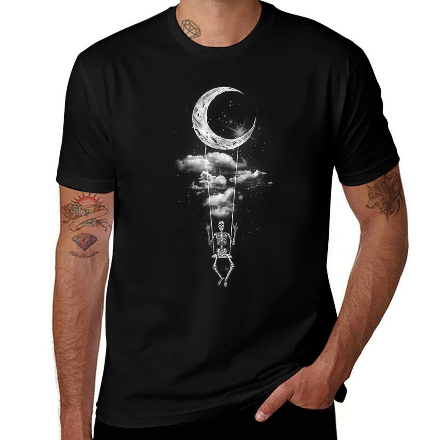 Skeleton Hand Rock On Moon Swing Funny Halloween  Lightweight T-Shirt
