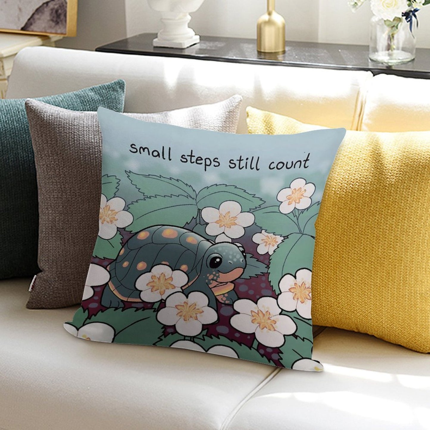 Small Steps Still Count Baby Turtle in Strawberry Flowers Soft Warmth Comfort Throw Pillow