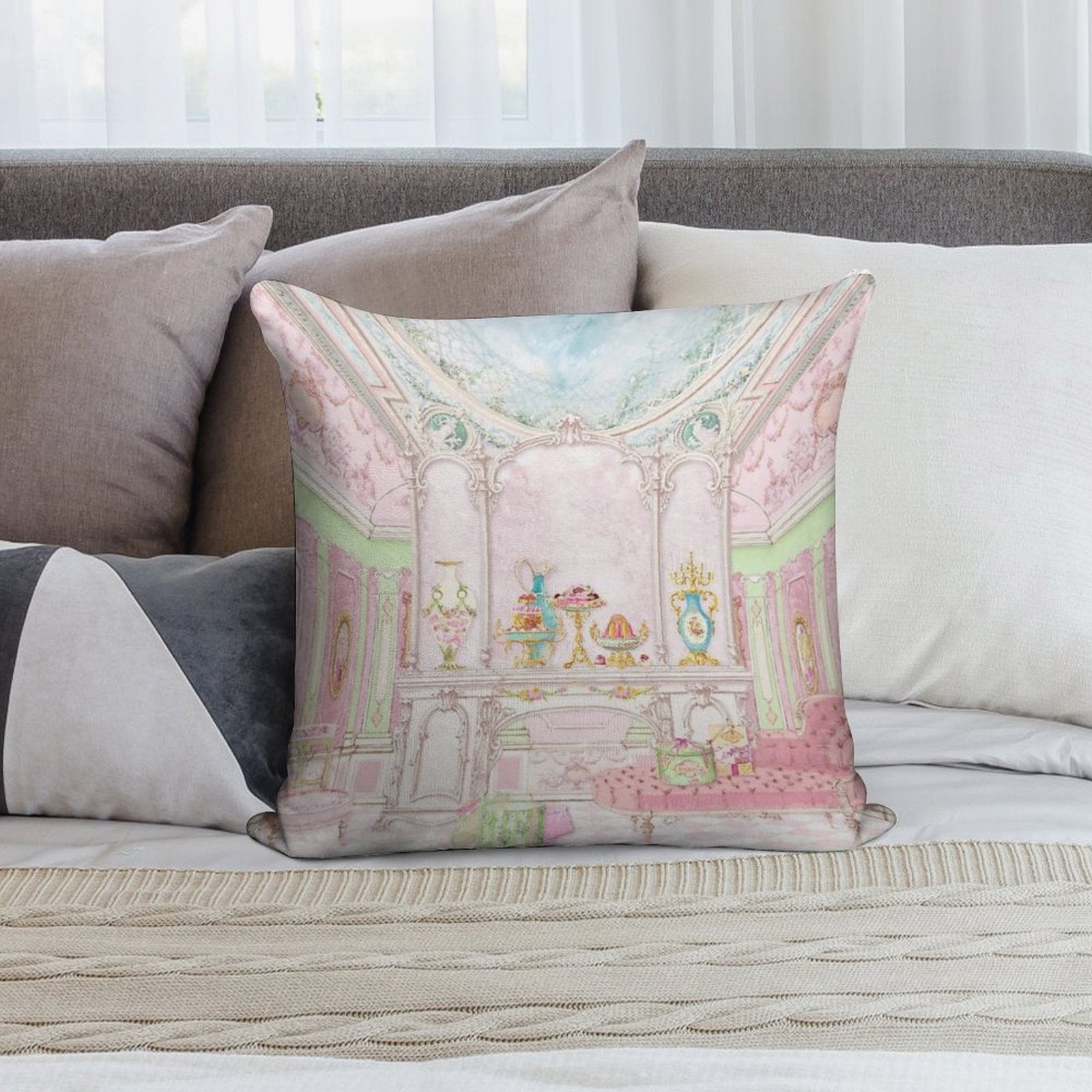 French Patisserie, Marie Antoinette Pink Cake Shop Diorama Soft Style Accent Throw Pillow