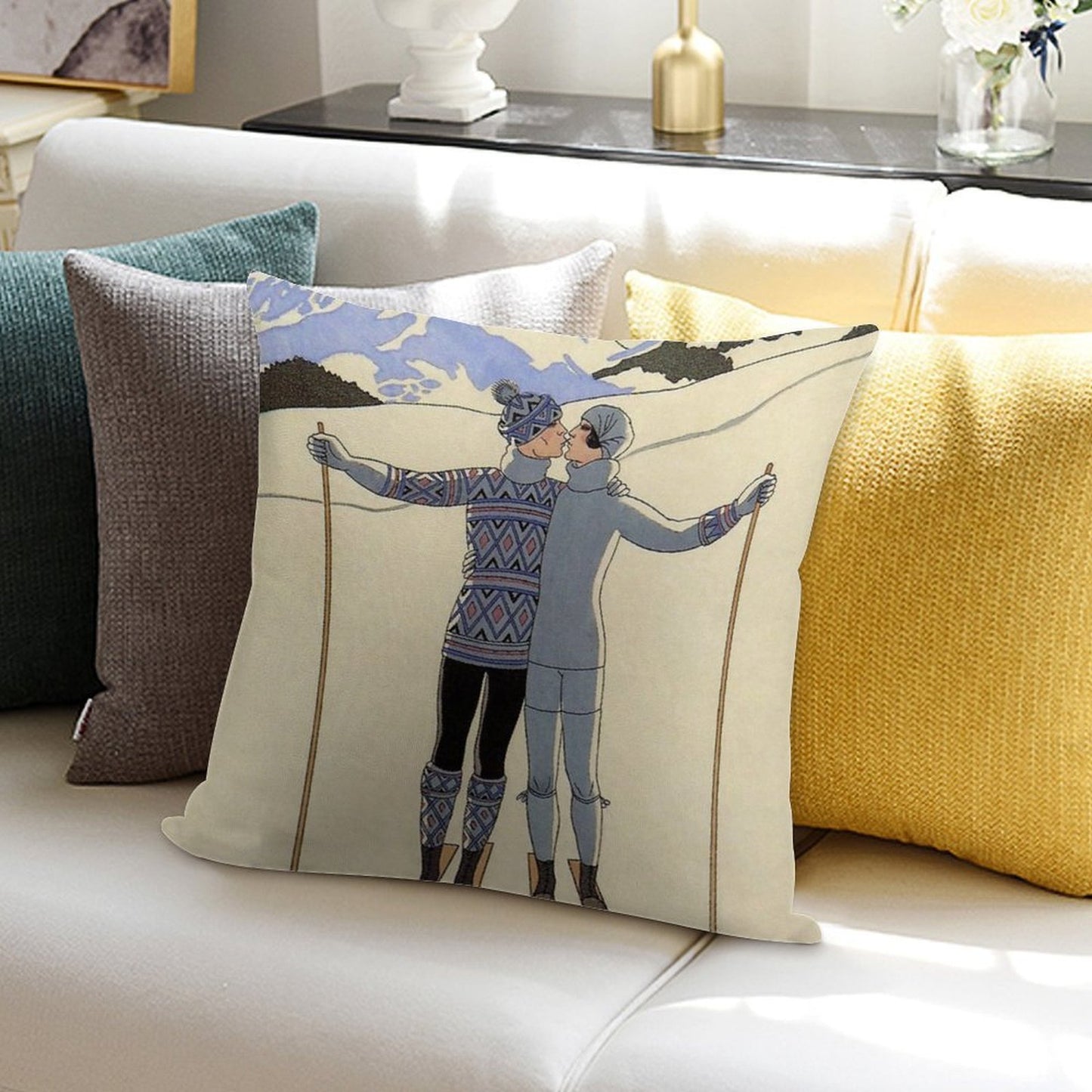 Skiing Kissing Couple Vintage French Sport Fashion Illustration Soft Anti-Pilling Throw Pillow