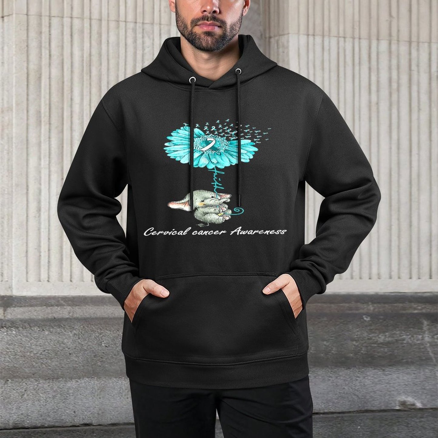 Teal Sunflower Elephant Cervical Cancer Awareness Gift Shrink-Resistant Hoodie