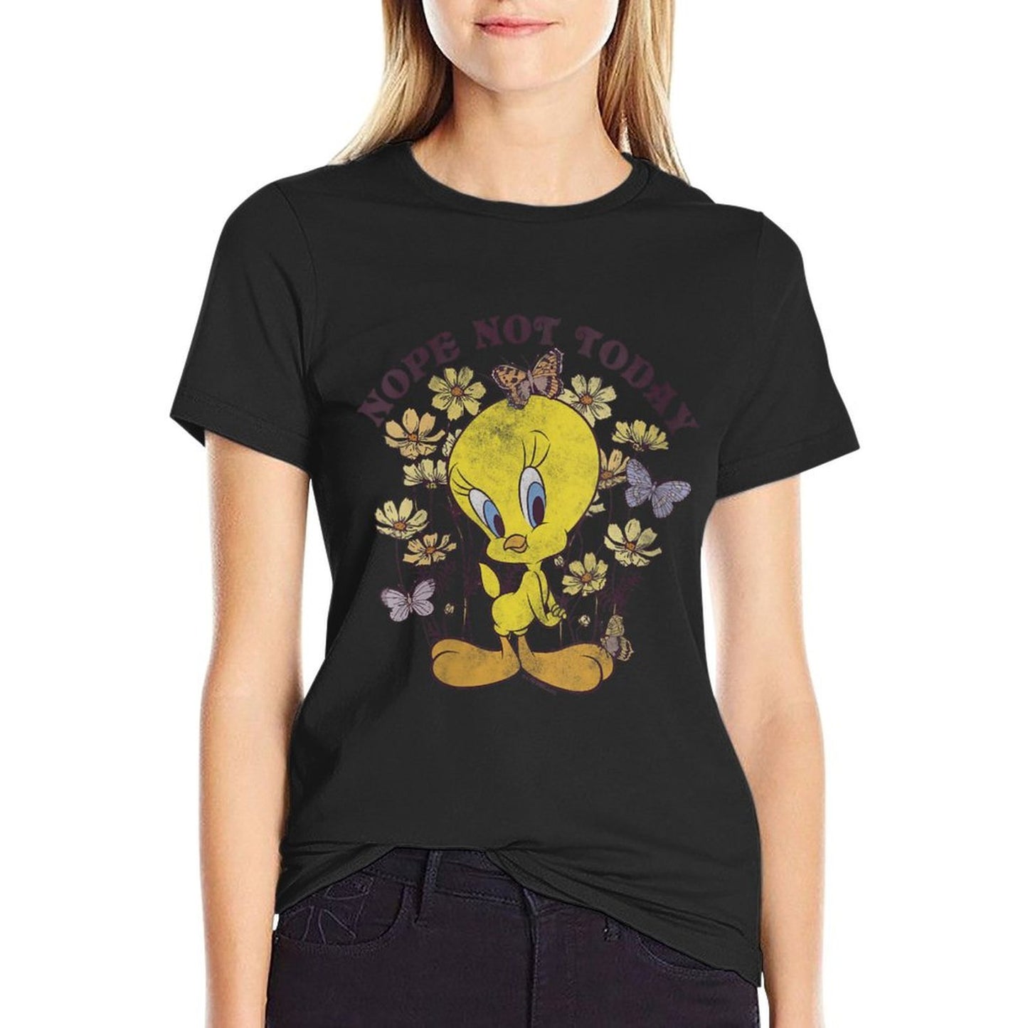 Womens Looney Tunes Tweety Bird Floral Butterfly Nope Not Today Oversized Silhouette T-Shirt