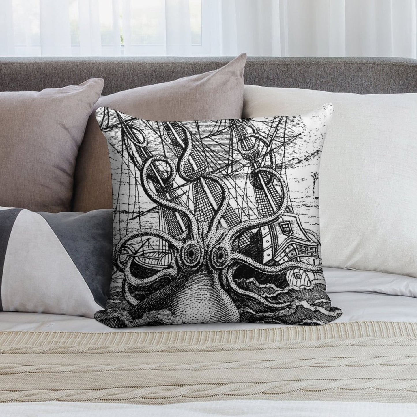 Vintage Kraken Attacking Ship Illustration Soft Short Plush Fabric Throw Pillow