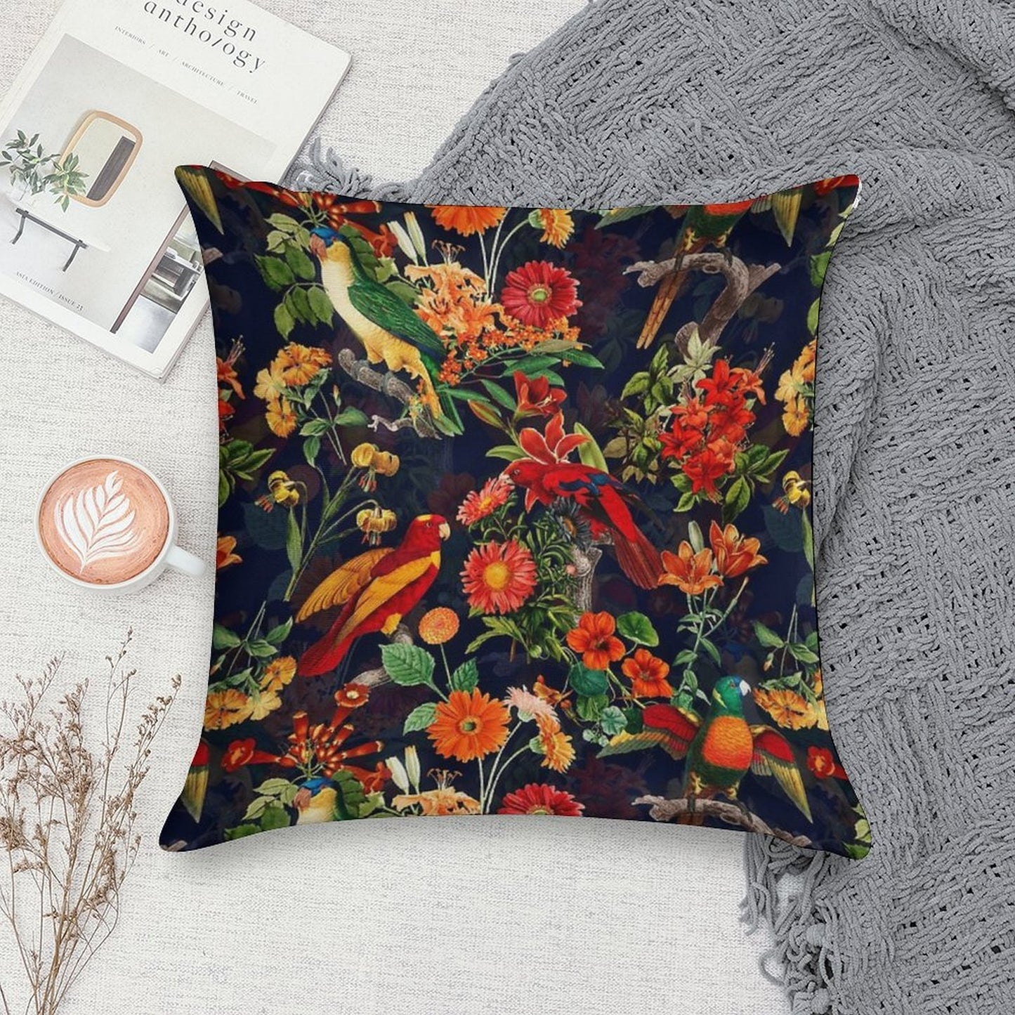 Vintage Tropical Bird Night Jungle Botanical Night Garden Dark Blue Nightgarden Soft Washable Throw Pillow