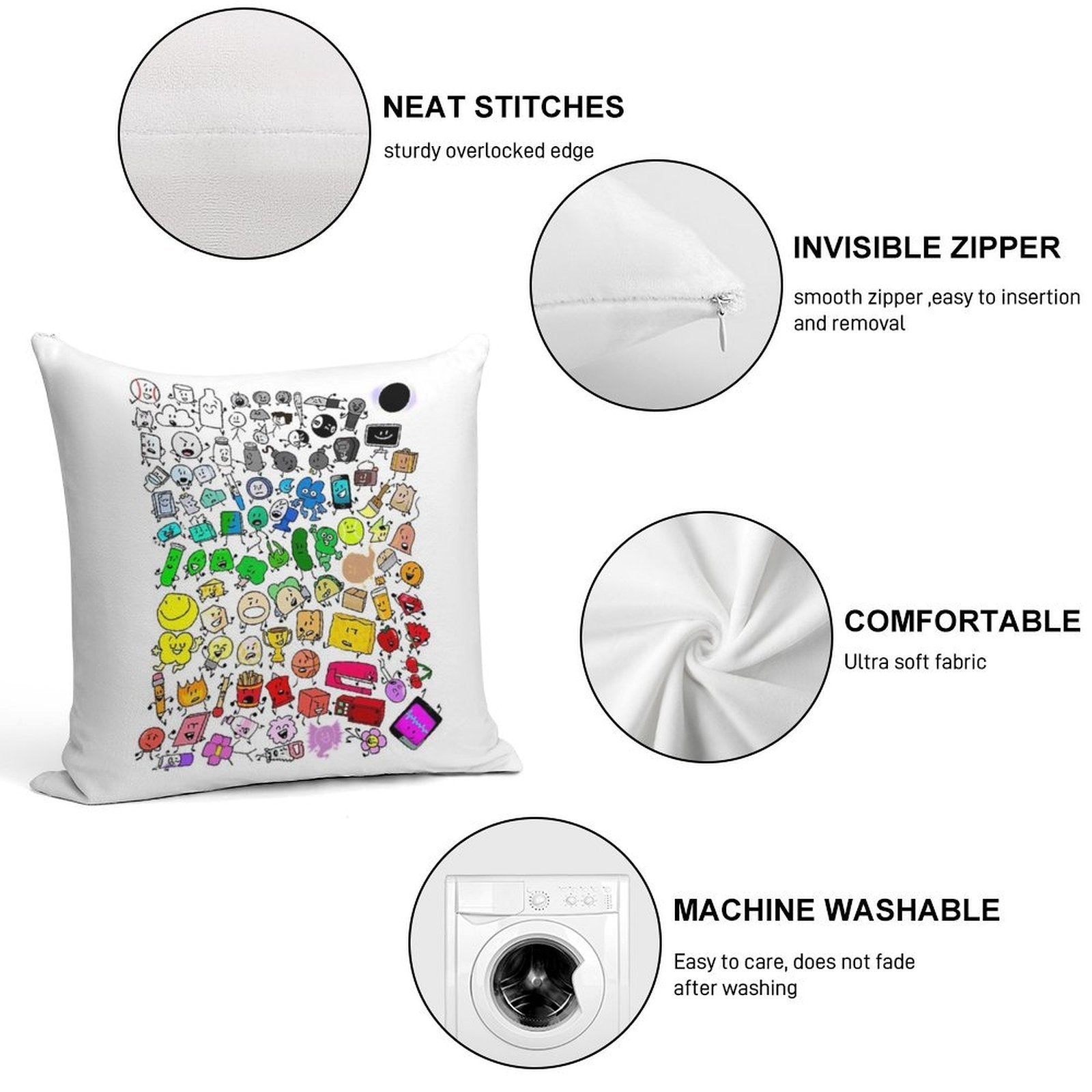 BFDI Inanimate Insanity All Characters (Transparent) Soft Decorative Cover Throw Pillow