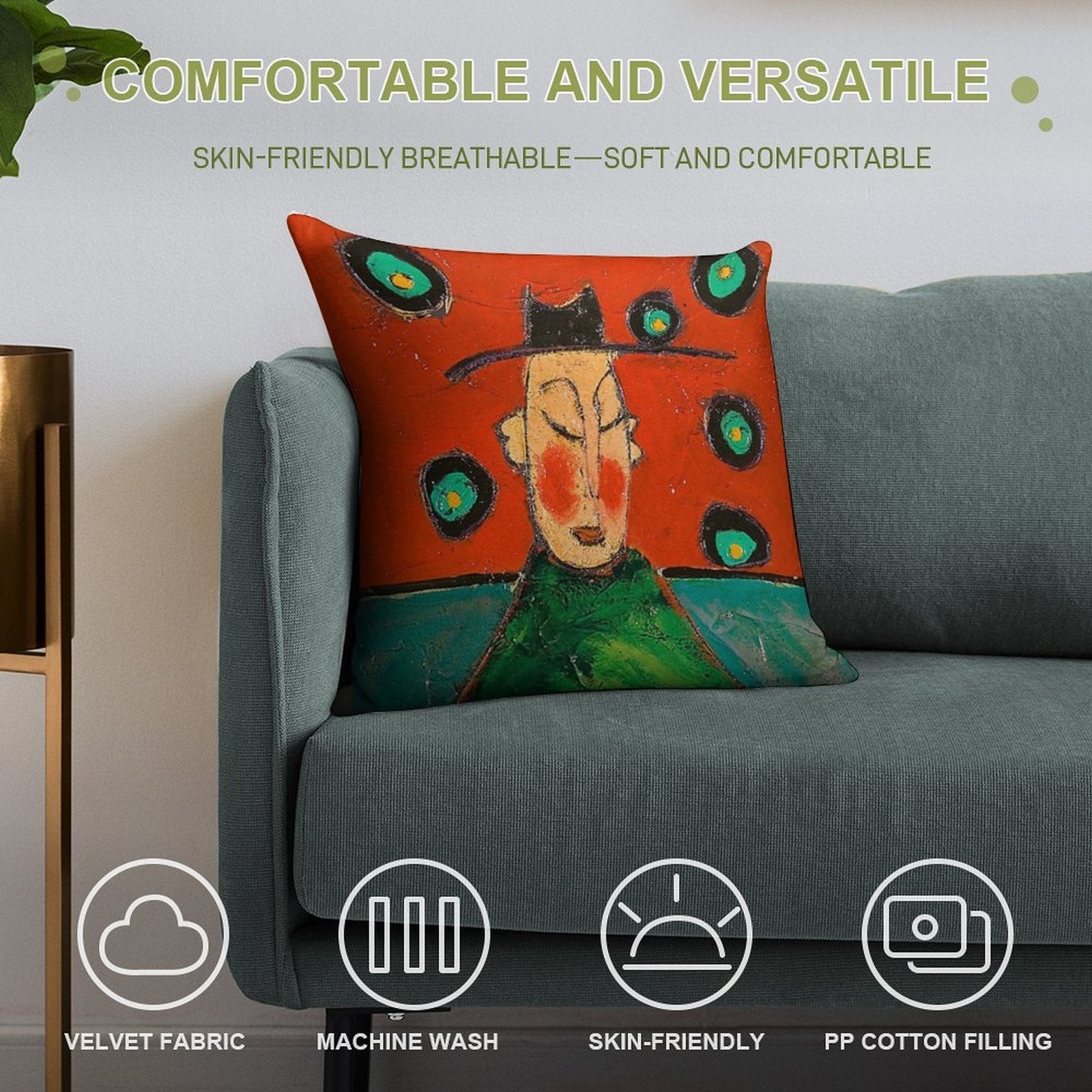 Monk Red And Turquoise Soft Hidden Zipper Throw Pillow