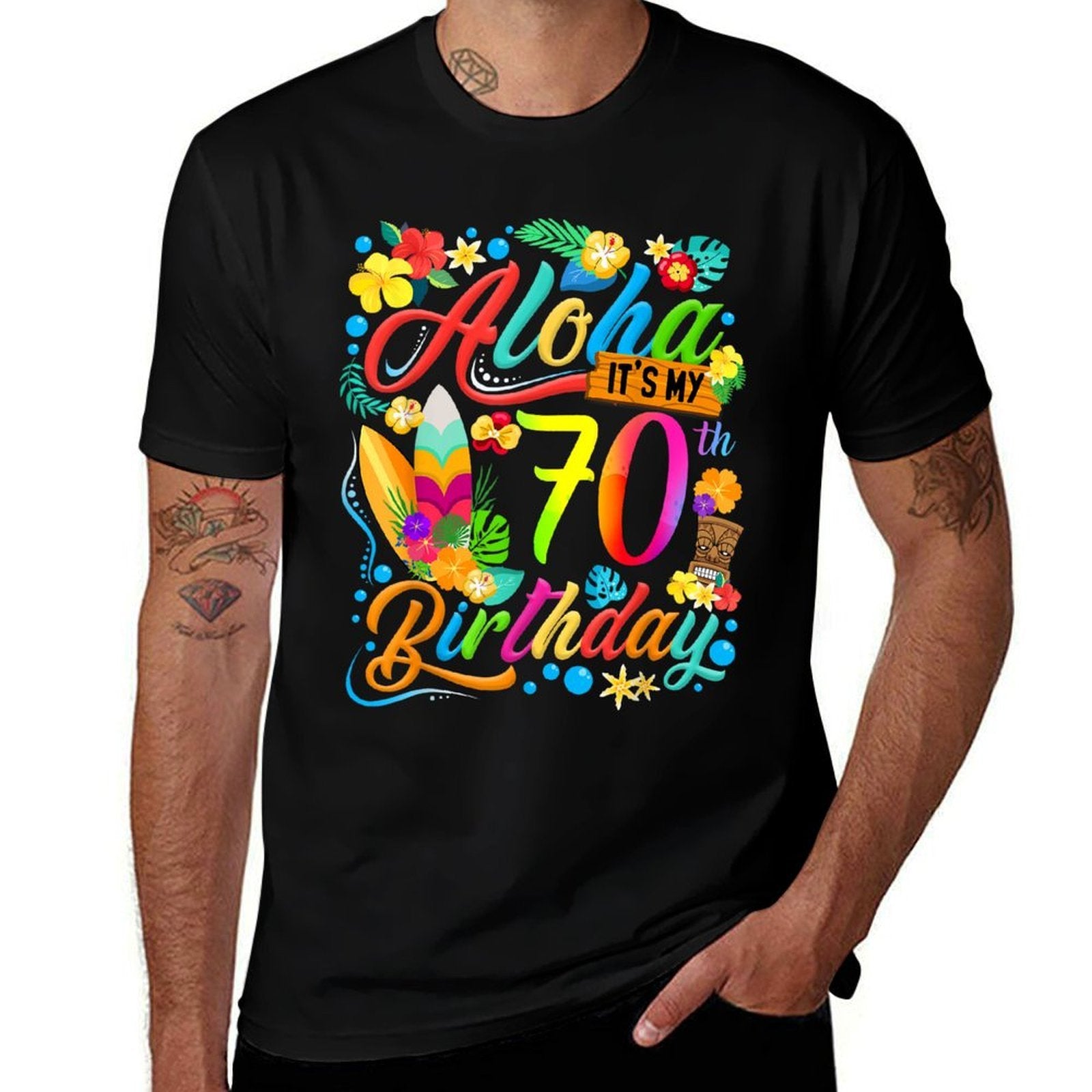 Aloha It's My 70th Birthday Surfing Hawaiian Beach Hibiscus  Trendy Pattern T-Shirt