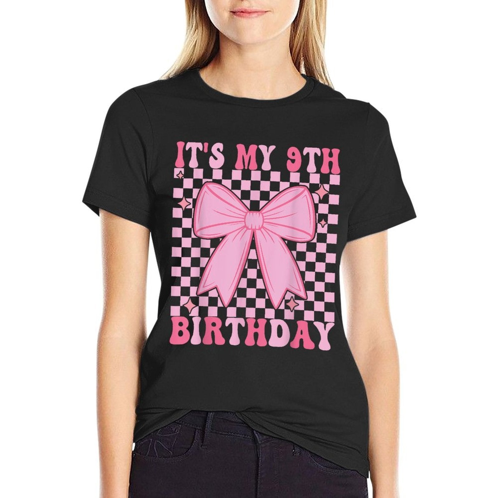 9th Coquette Themed Birthday Nine Year Old Girl Bow  Cotton T-Shirt