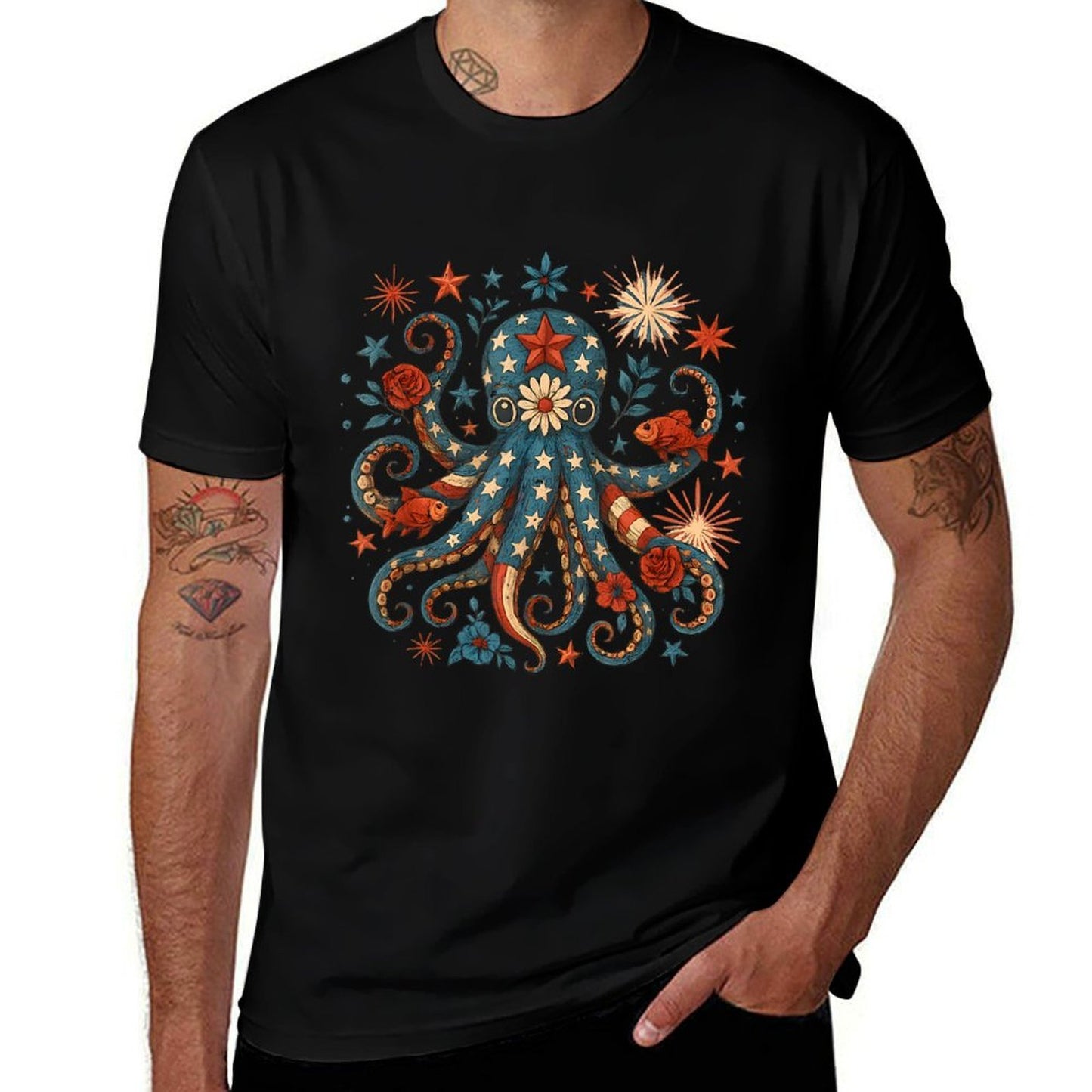 Vintage Floral Octopus Patriotic 4th of July Fireworks USA Stretchy T-Shirt