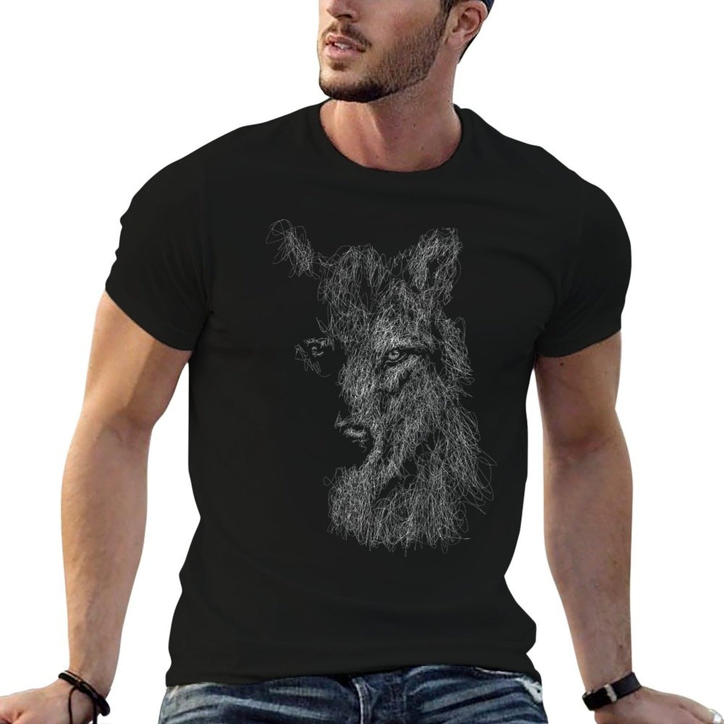 Wolf Scribble Head Art Face Sketch for Lover Wolves Wildlife Heathered Texture T-Shirt
