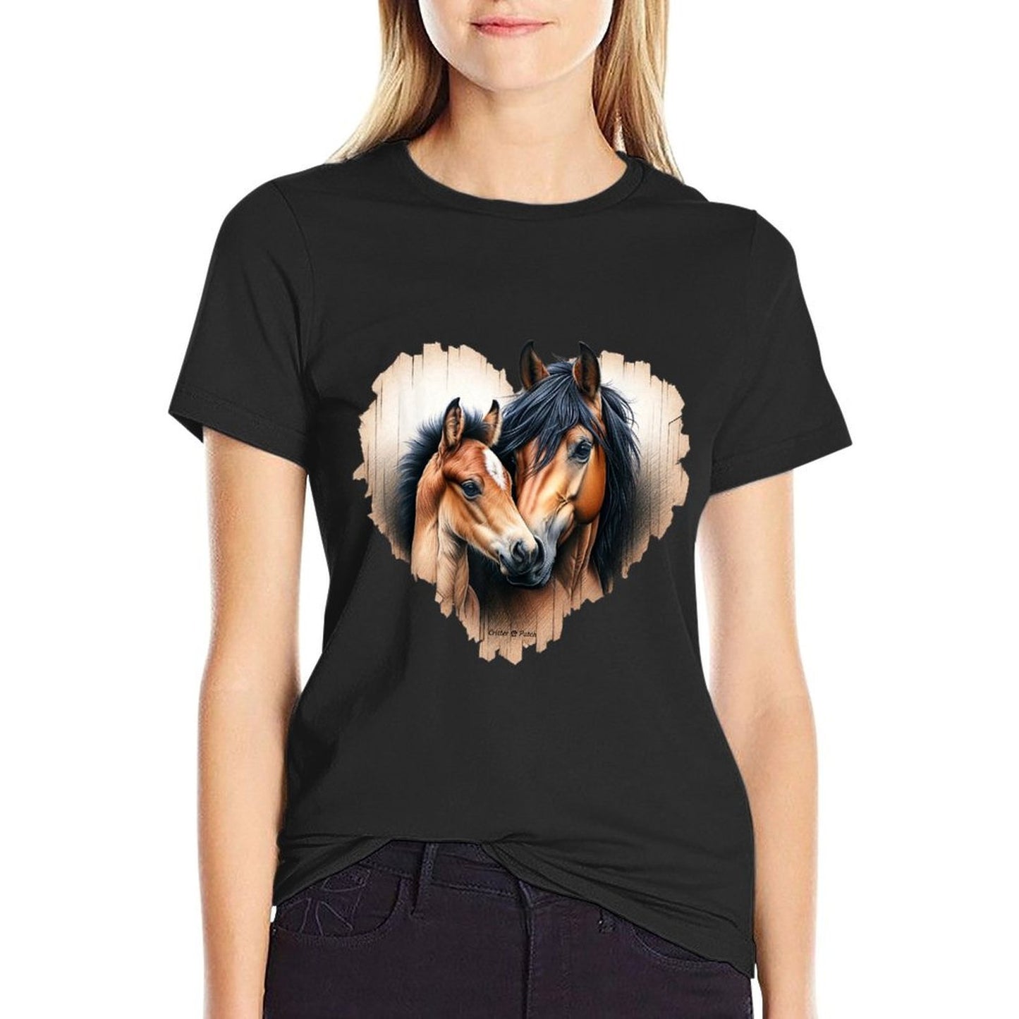 Watercolor Bay Horse Mare And Foal Bust On Wooden Heart Breathable T-Shirt