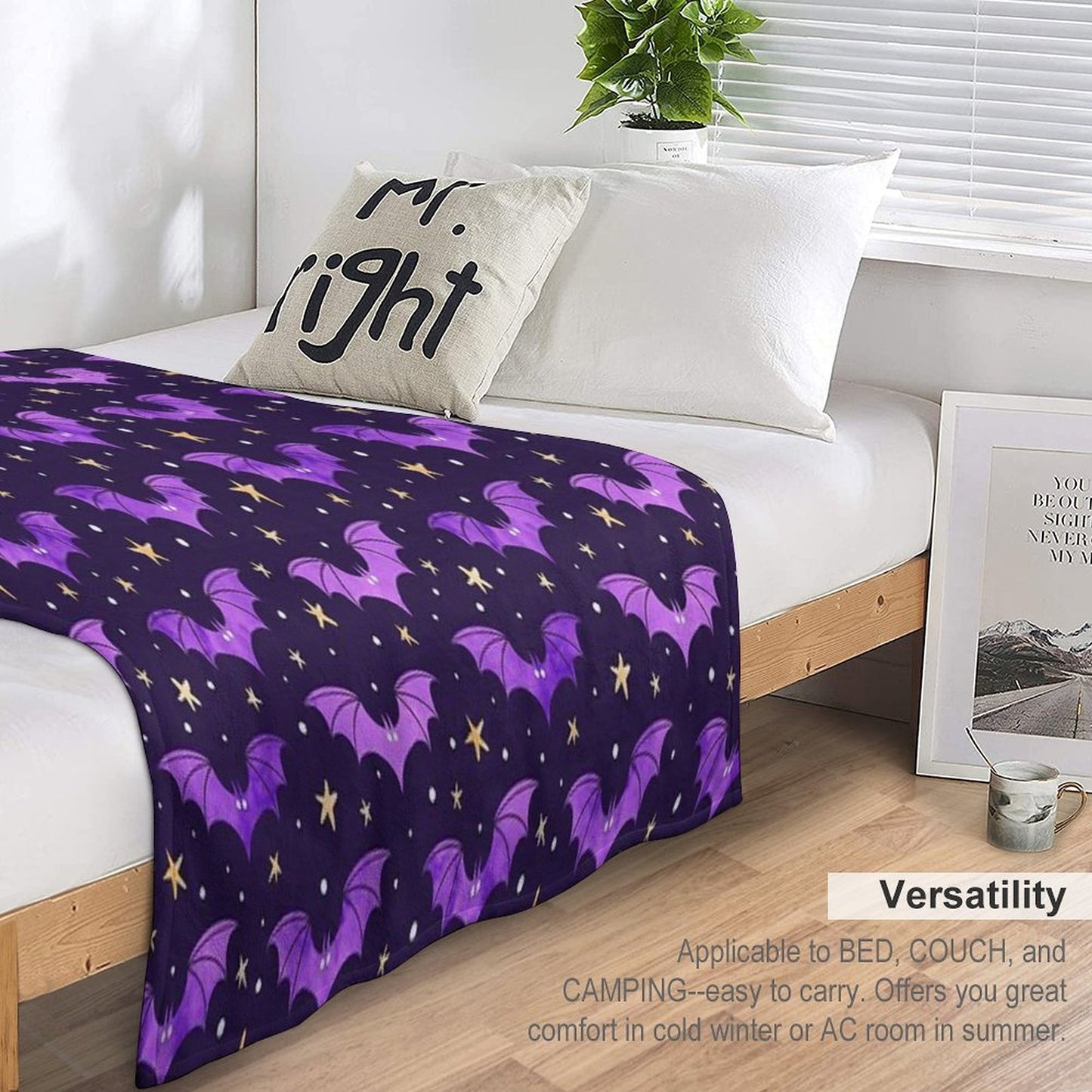 Watercolor Bats Purple on Black Comfort Throw Blanket