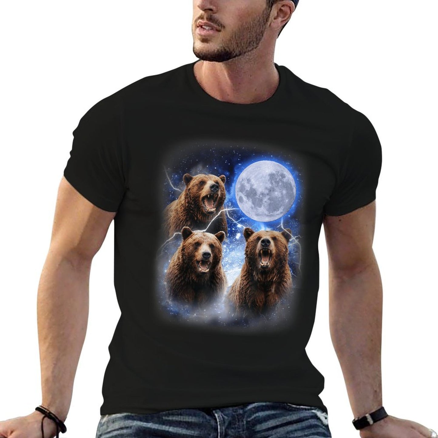 Three Grizzly Bears Howl at Moon Starry Mountain Forest Bear  Fade-proof Color T-Shirt
