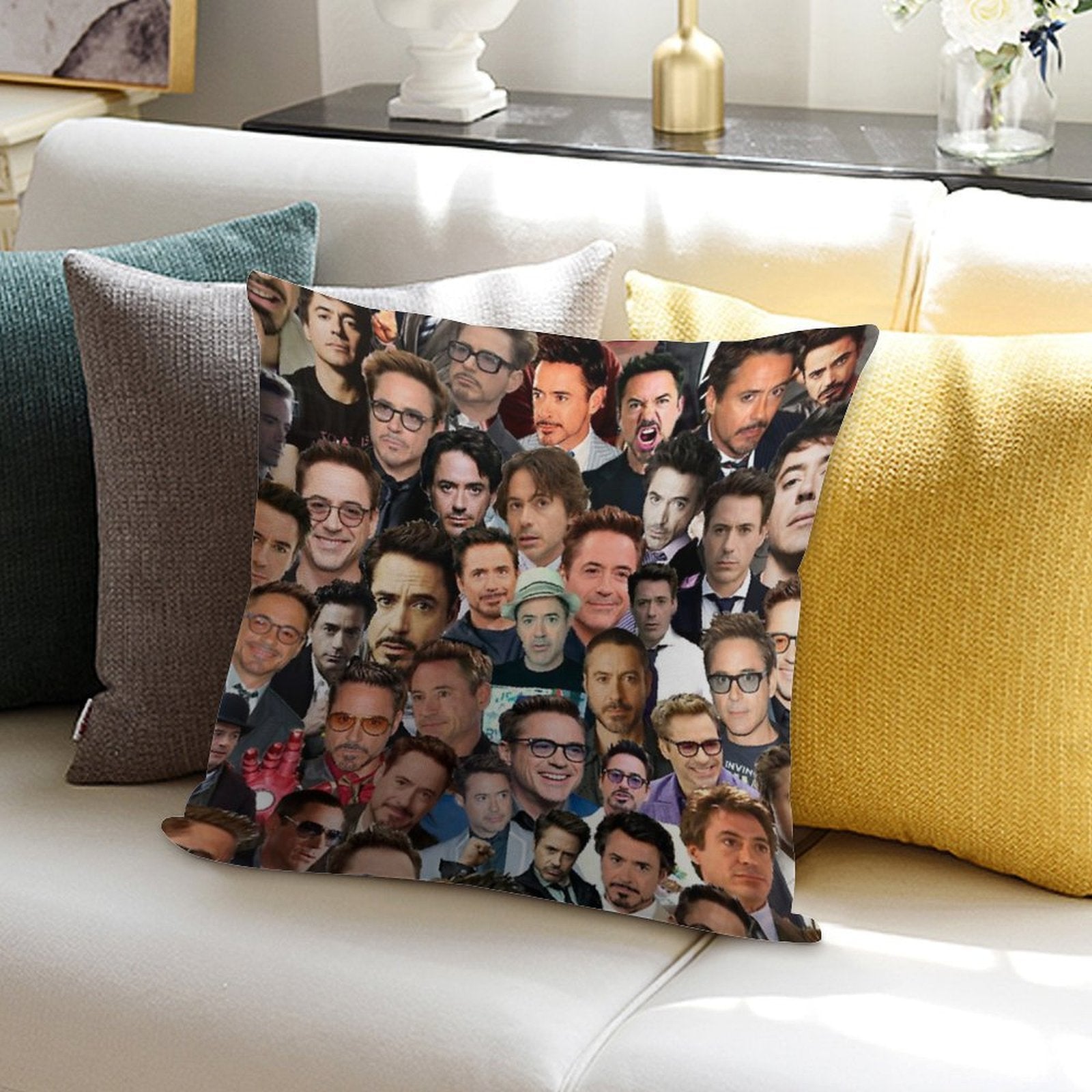 Robert Downey Jr. Collage Soft Bedroom Essential Throw Pillow