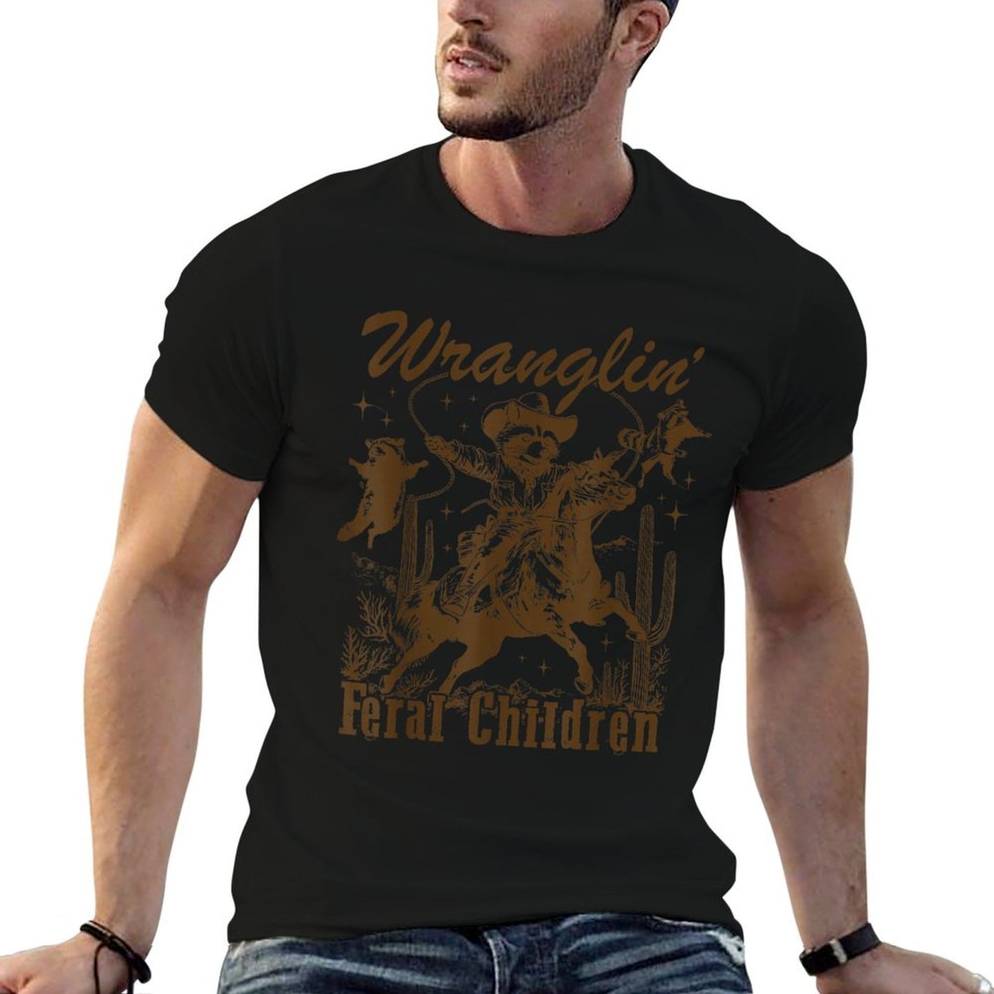 Wrangling Feral Children Funny Cowboy Raccoon Western Animal Tagless Design T-Shirt