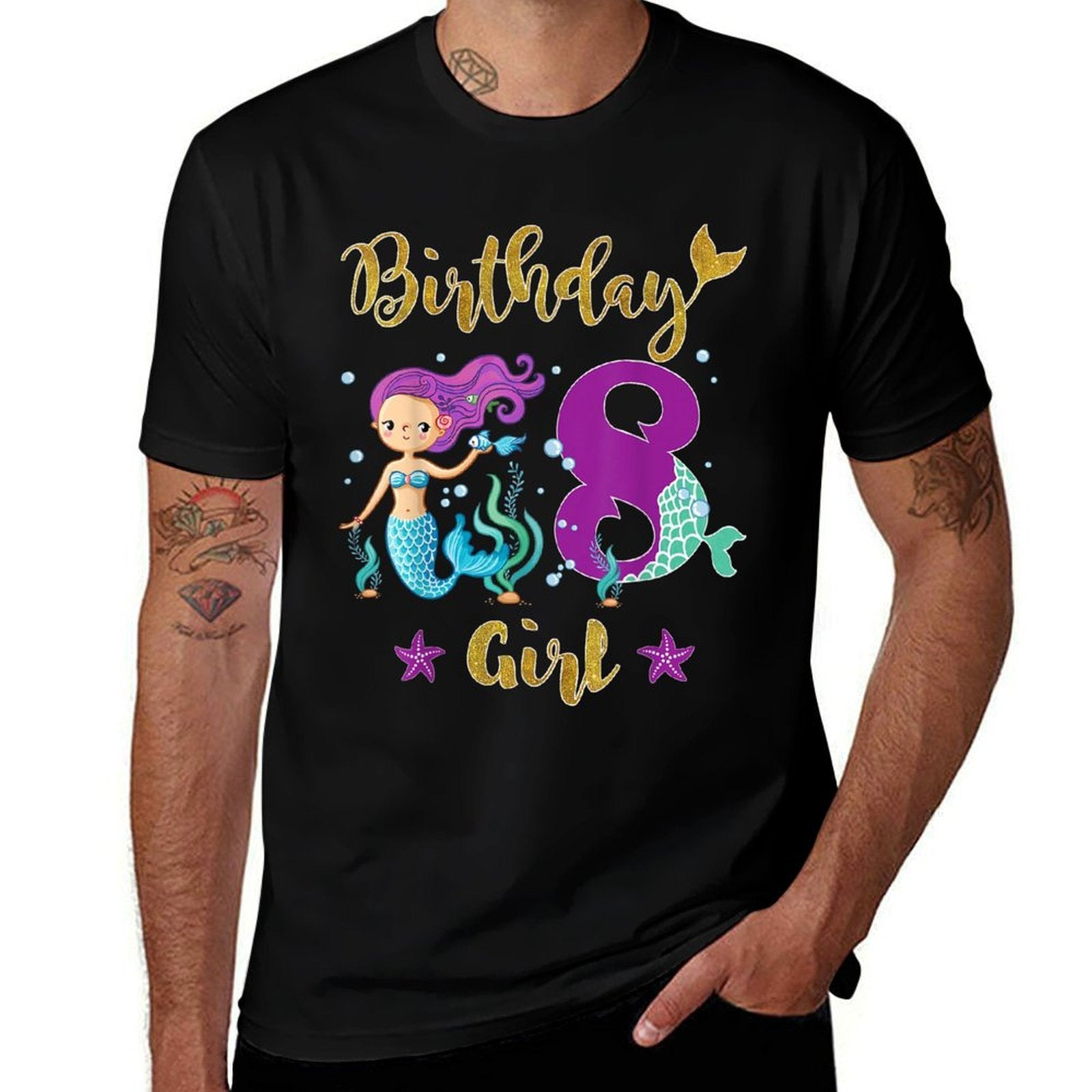 8 Year Old Mermaid Birthday Gift for Girls  Ribbed Collar T-Shirt