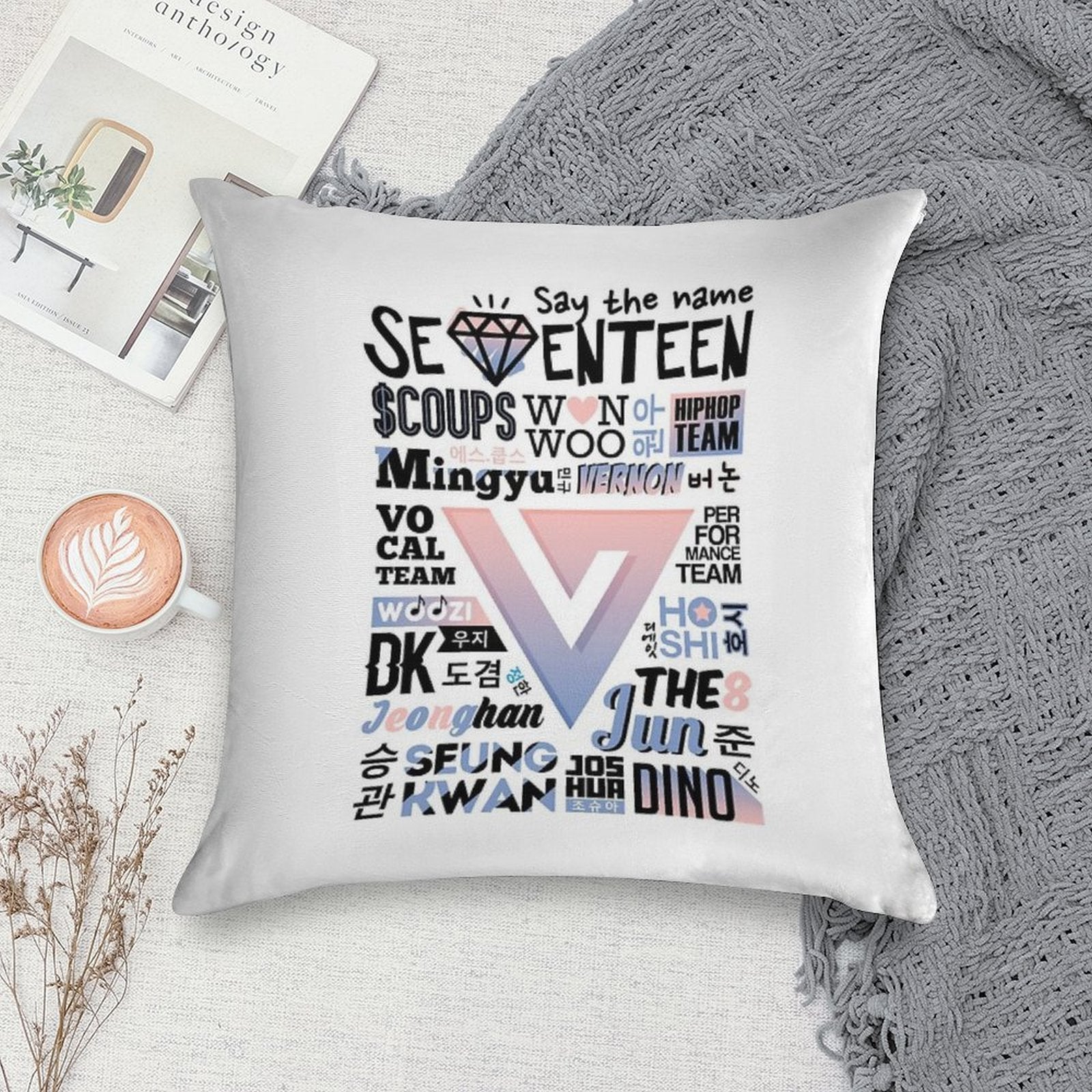 SEVENTEEN Font Collage Ver. 2 (Rose Quartz & Serenity) Soft Skin-Friendly Throw Pillow