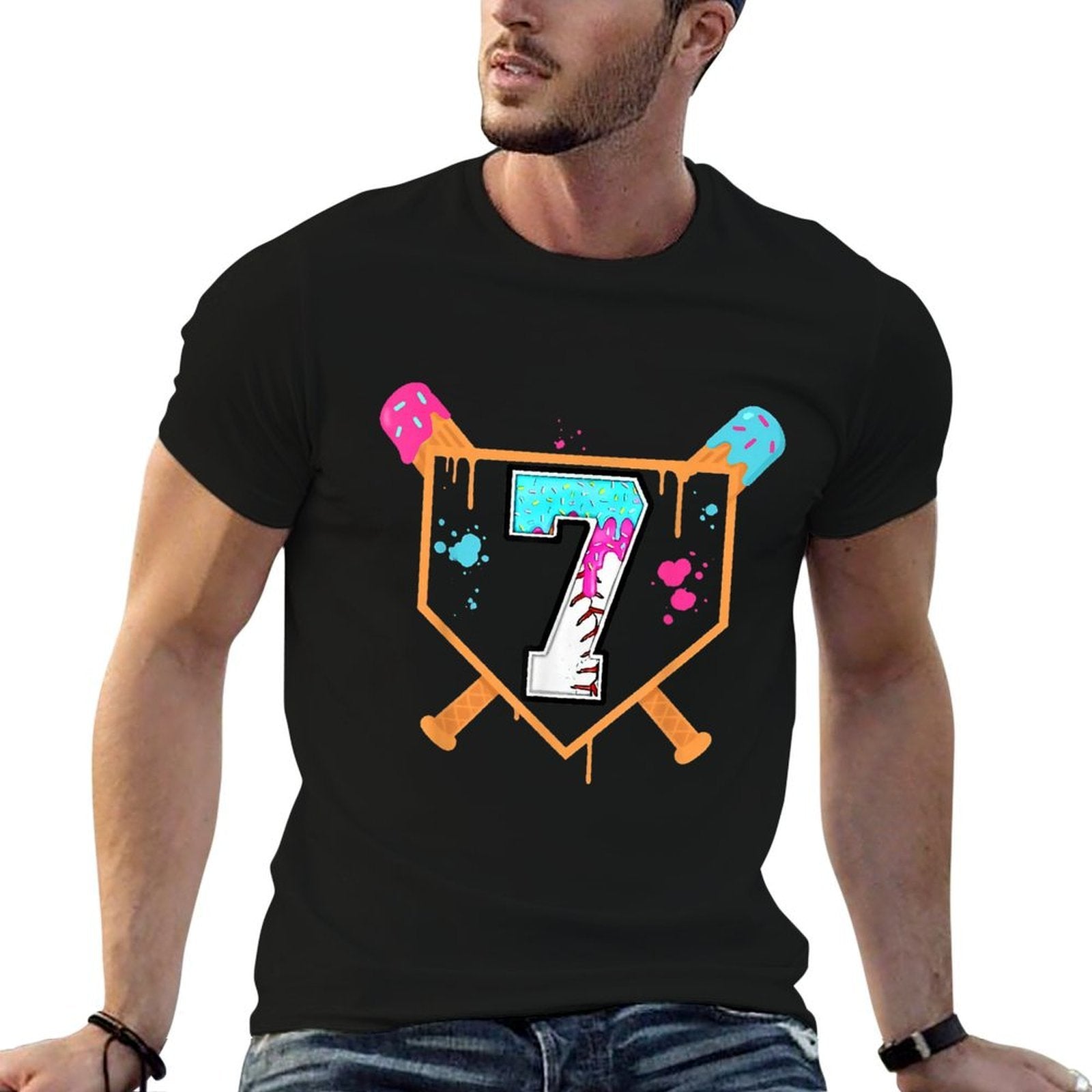 Baseball 7th Birthday Ice Cream Drip 7 Years Old Bday Boy  Wrinkle-resistant T-Shirt
