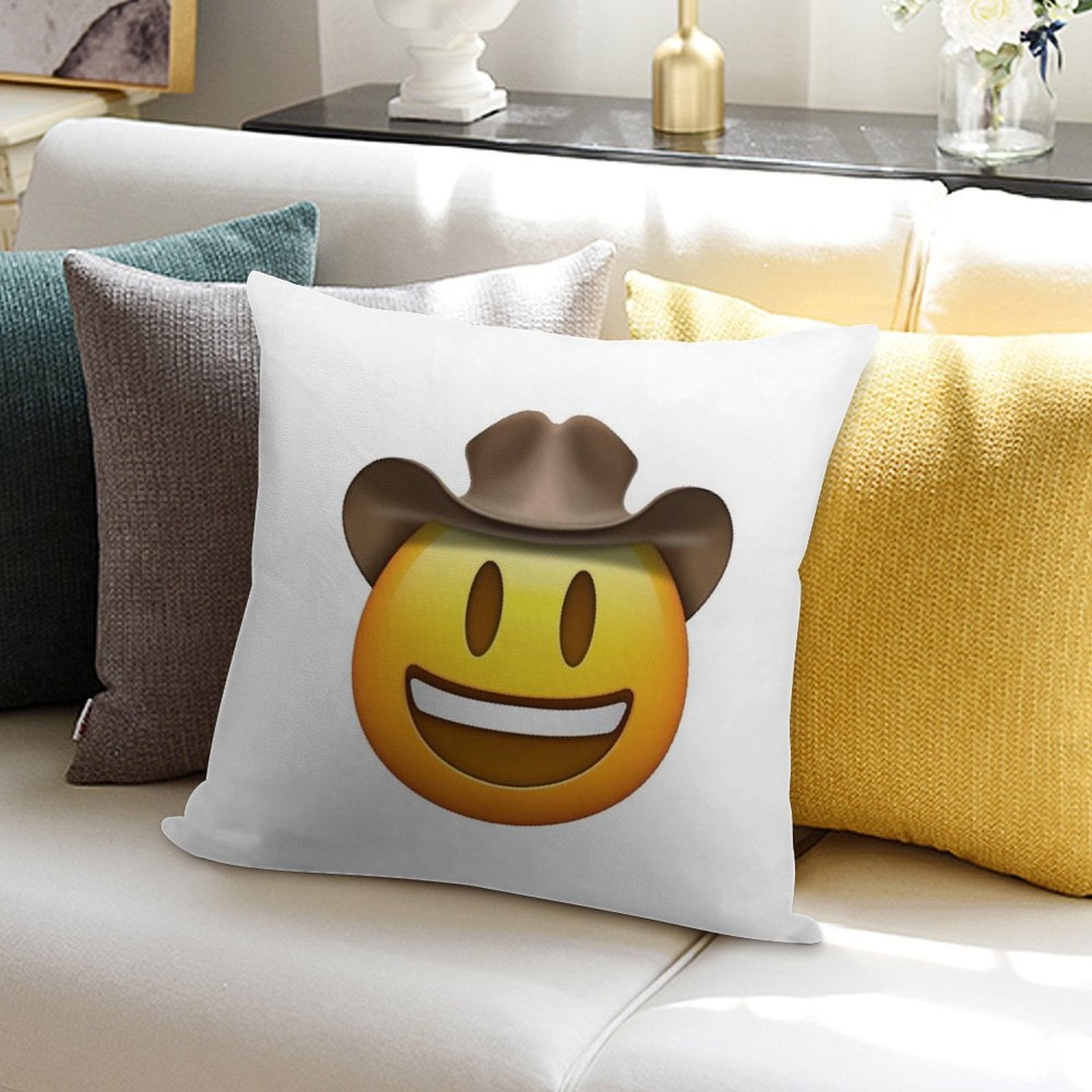 Cowboy Hat Smiley Face Emoji Soft Luxury Feel Throw Pillow