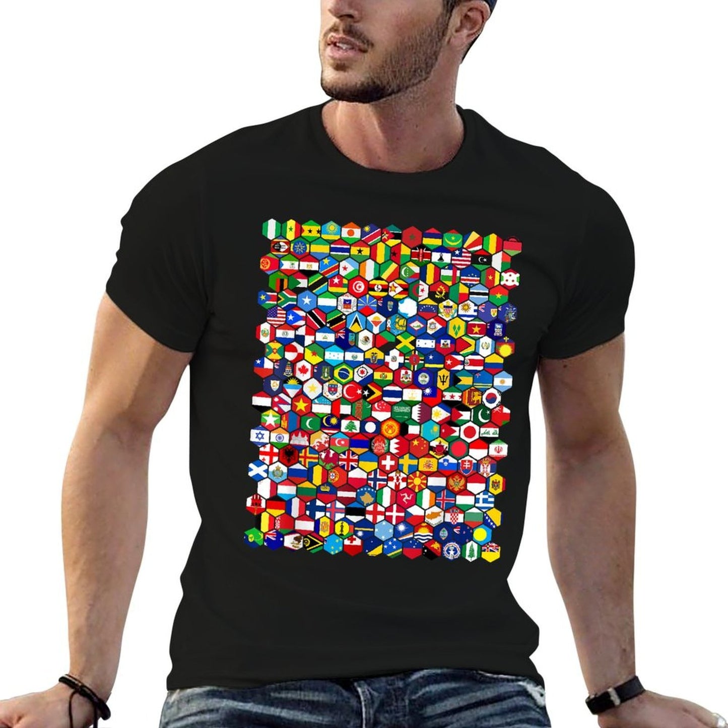 Worlds in Hexagonal Pattern, National Flags Durable T-Shirt