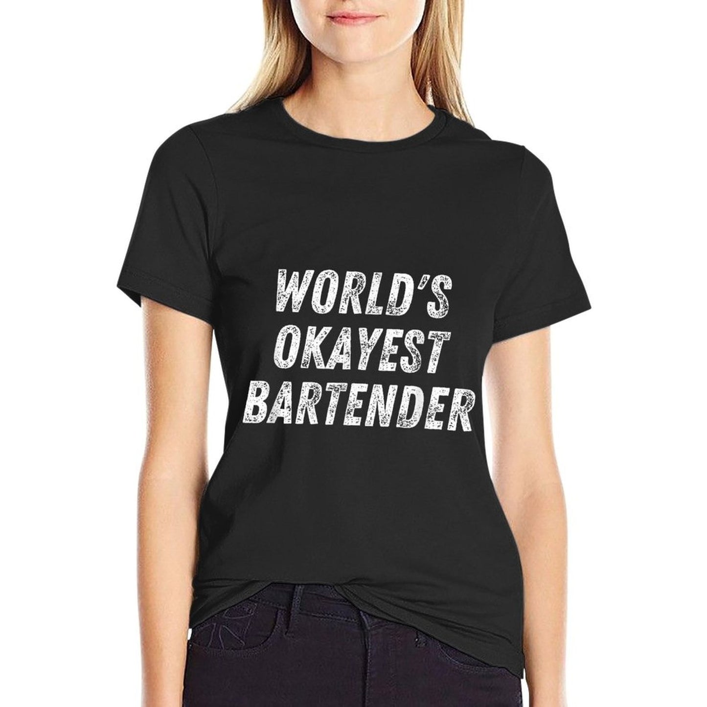 Worlds Okayest Bartender Funny Bartending Mixologist Ribbed Collar T-Shirt